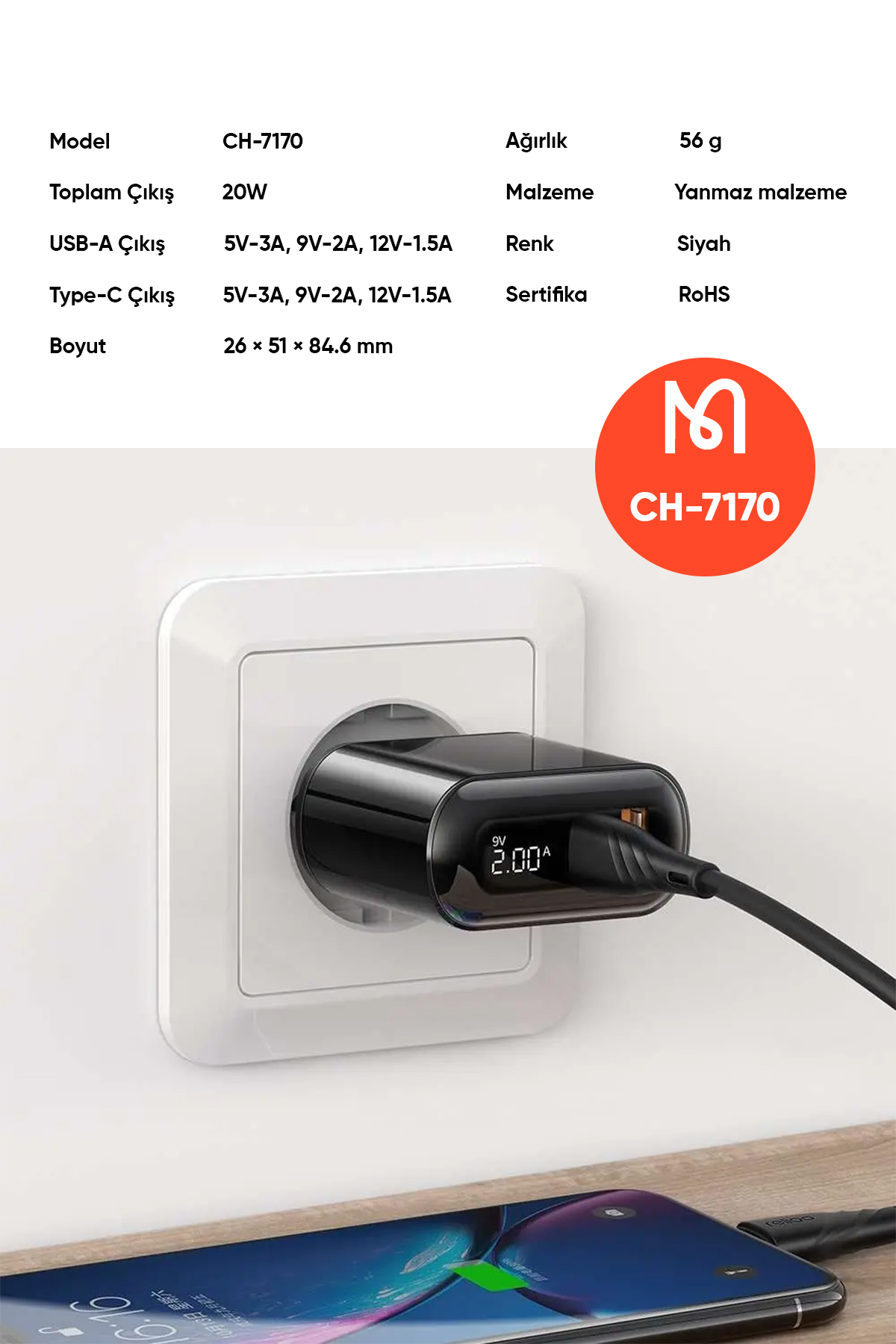 CH-7170 20W 1xUSB 1xType-C Girişli LED Göstergeli Şarj Adaptörü - Siyah Afişi