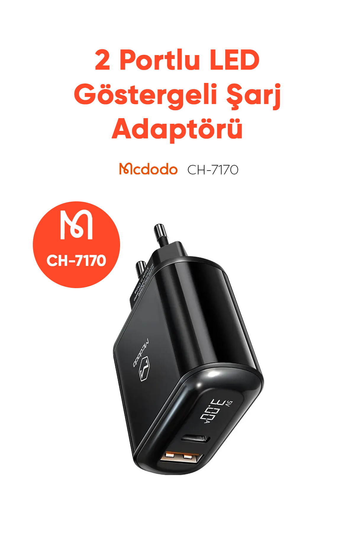 CH-7170 20W 1xUSB 1xType-C Girişli LED Göstergeli Şarj Adaptörü - Siyah Afişi
