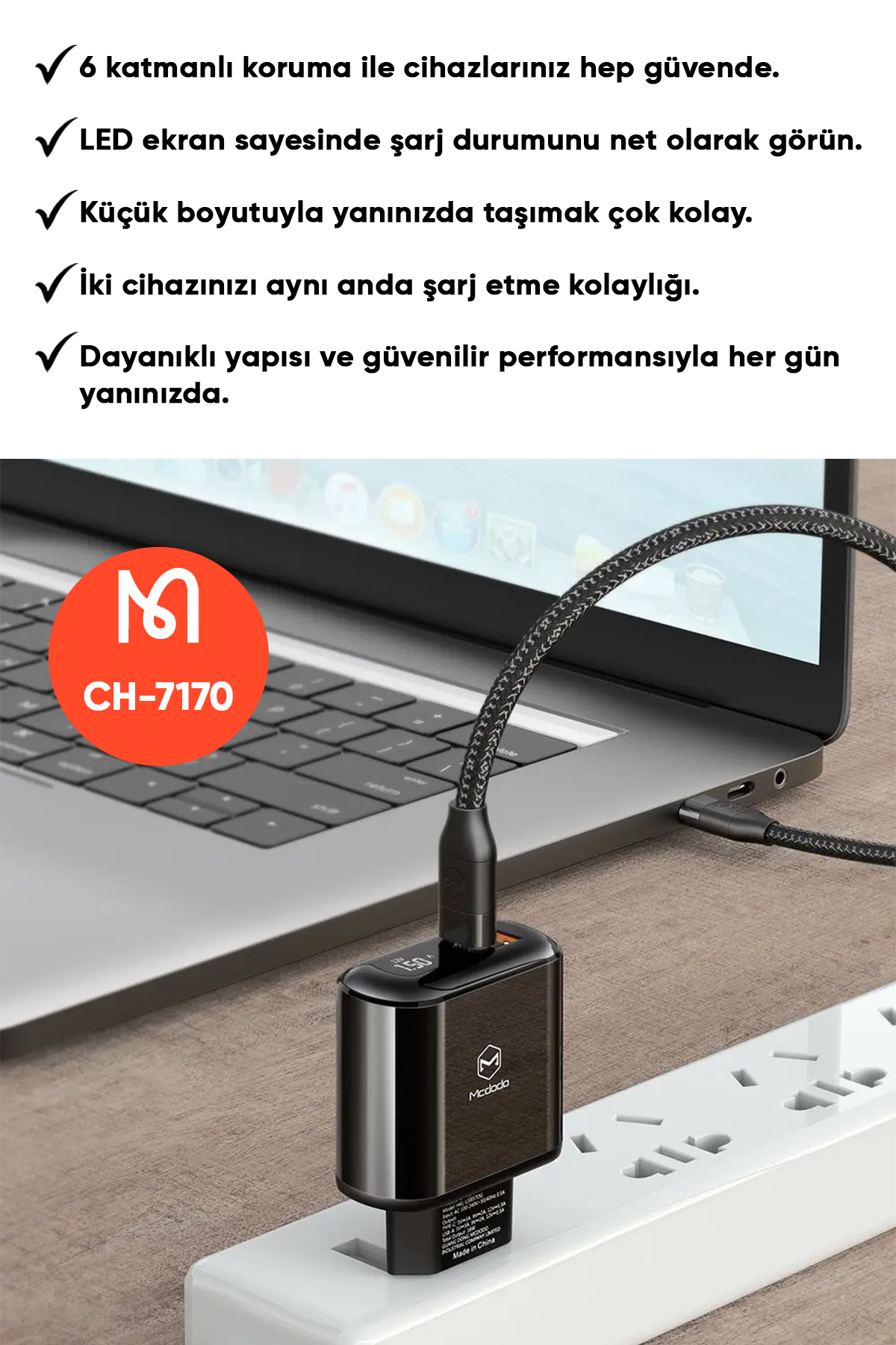 CH-7170 20W 1xUSB 1xType-C Girişli LED Göstergeli Şarj Adaptörü - Siyah Afişi