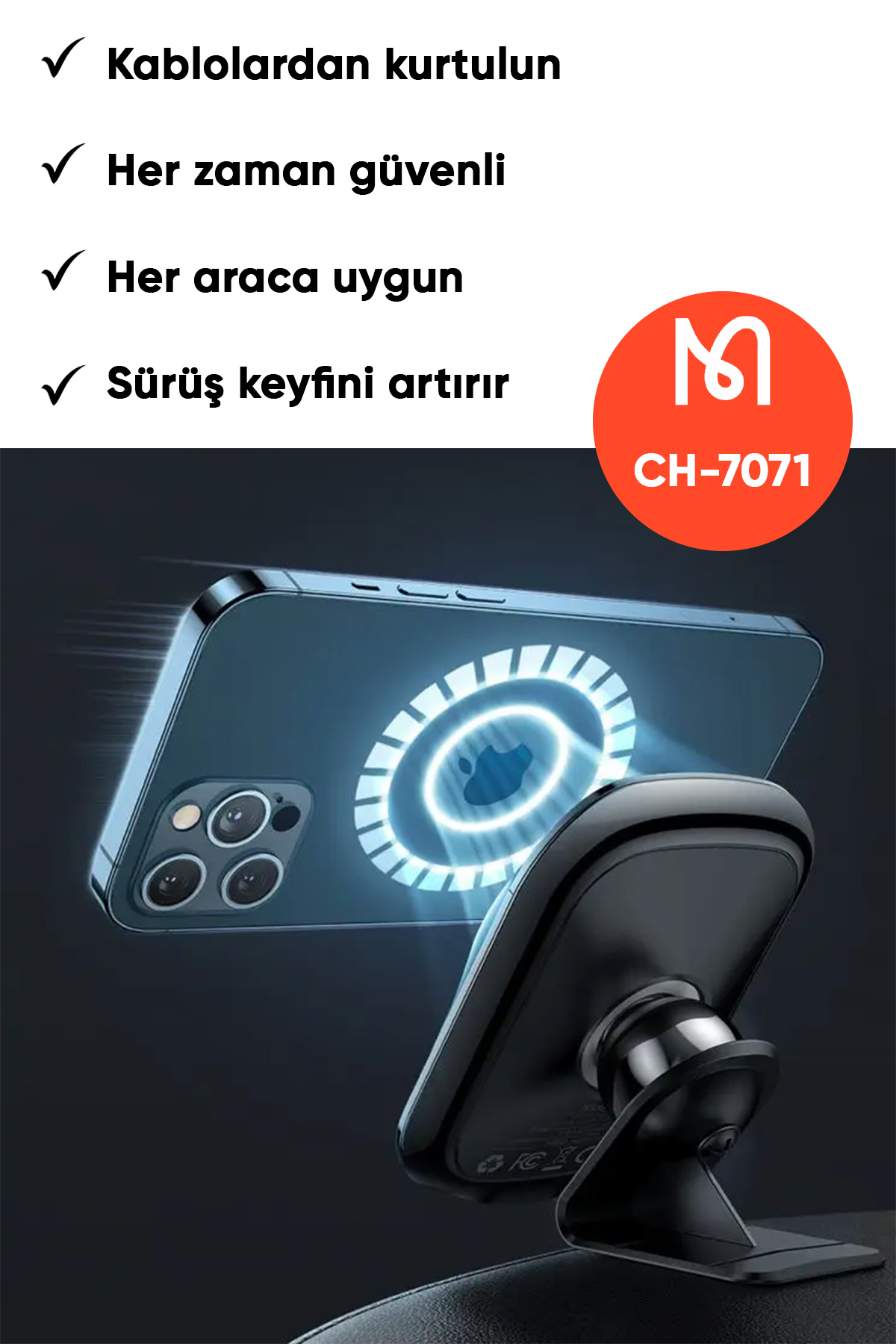 CH-7071 15W  Manyetik Kablosuz Şarjlı Araç İçi Telefon Tutucu -Siyah Afişi