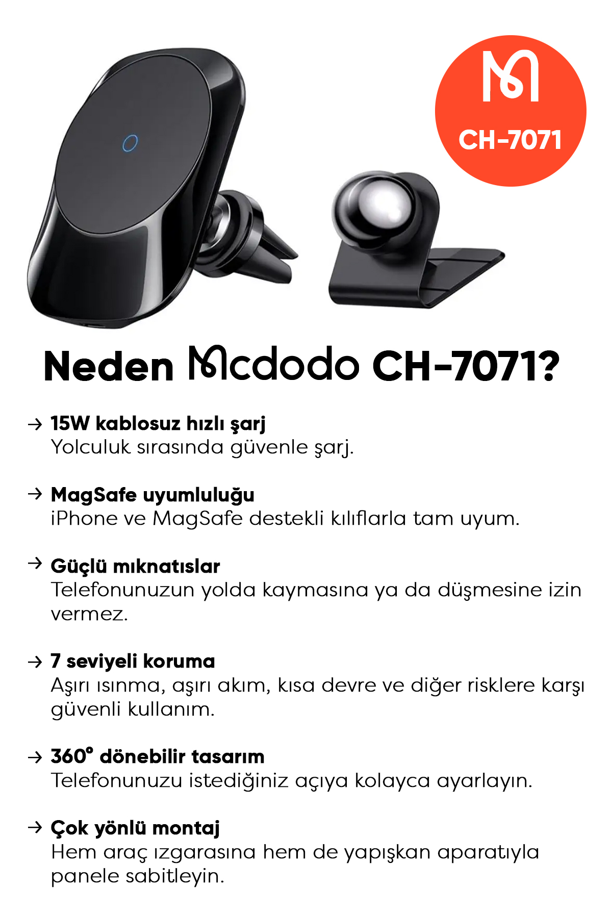 CH-7071 15W  Manyetik Kablosuz Şarjlı Araç İçi Telefon Tutucu -Siyah Afişi