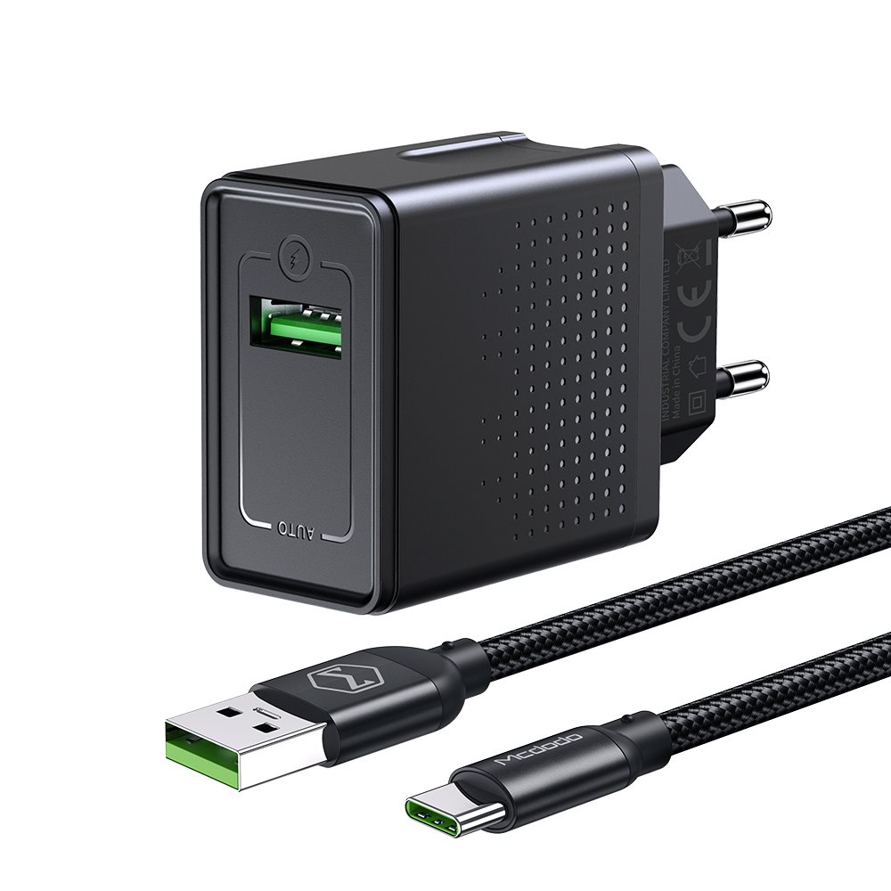 MCDODO CH-5800 22.5W USB Girişli VOOC Hızlı Şarj Adaptörü + Type-C Şarj Kablosu 1.2m - Siyah