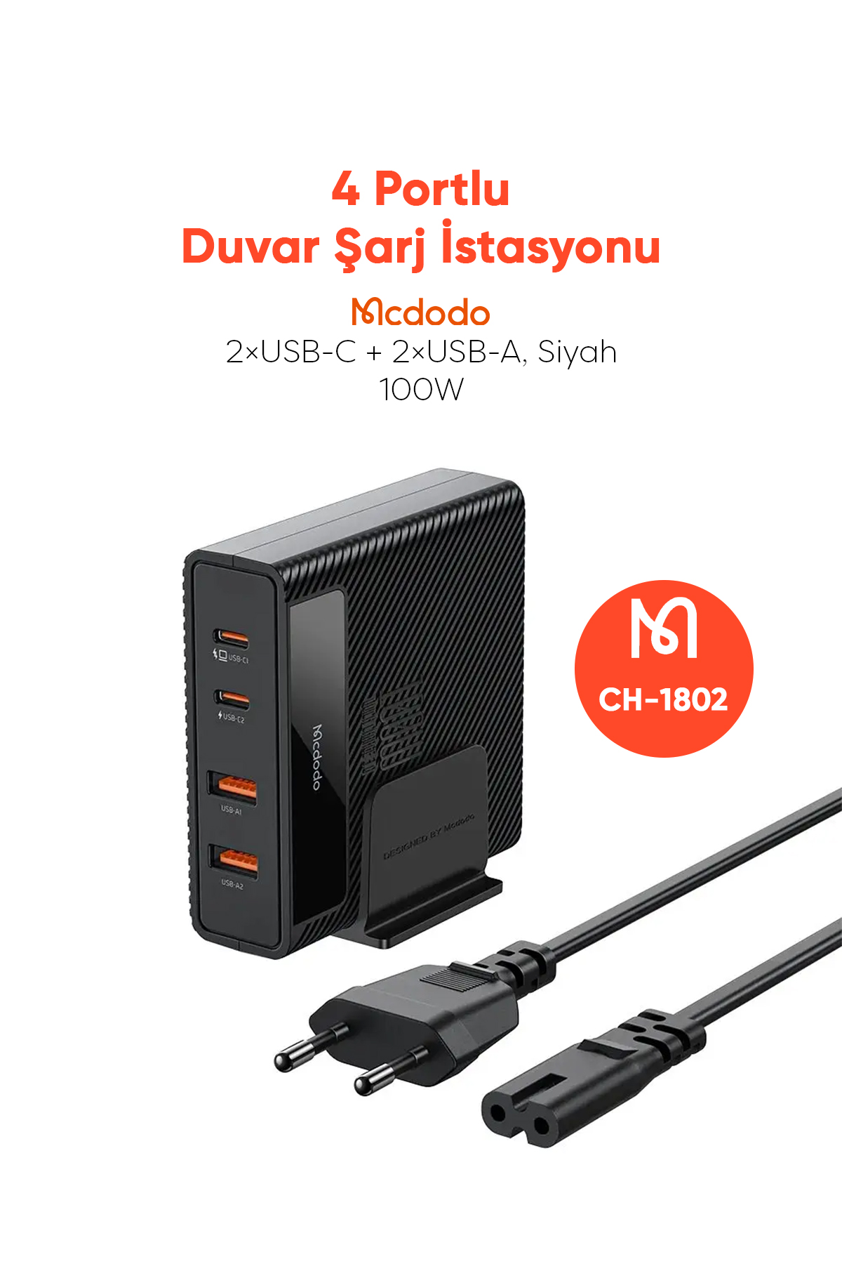 CH-1802 100W 2xUSB 2xType-C Girişli Powigan Hızlı Şarj Adaptörü  - Siyah Afişi