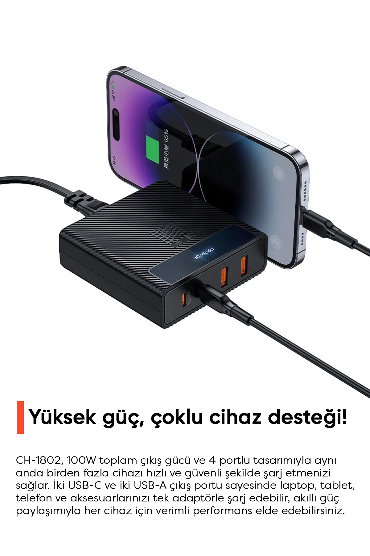 CH-1802 100W 2xUSB 2xType-C Girişli Powigan Hızlı Şarj Adaptörü  - Siyah Afişi