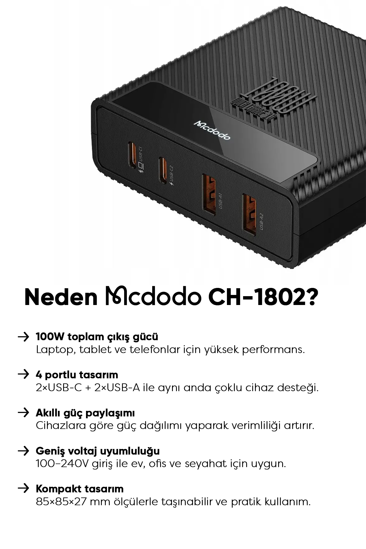 CH-1802 100W 2xUSB 2xType-C Girişli Powigan Hızlı Şarj Adaptörü  - Siyah Afişi