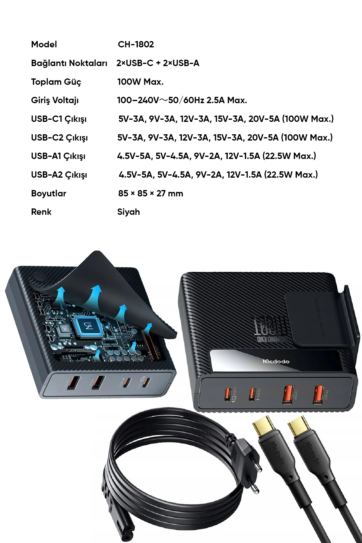 CH-1802 100W 2xUSB 2xType-C Girişli Powigan Hızlı Şarj Adaptörü  - Siyah Afişi
