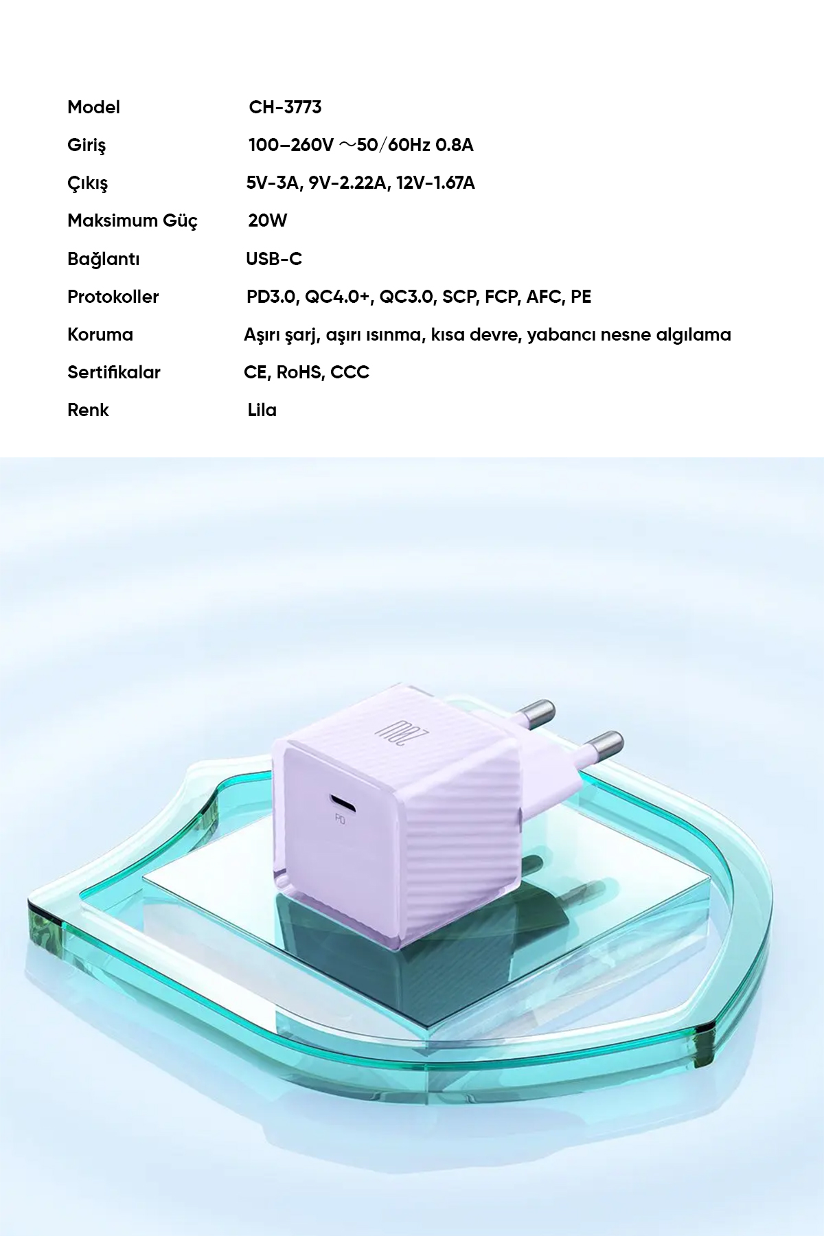 CH-3773 20W PD GaN Type-C Hızlı Şarj Aleti - Lila Afişi