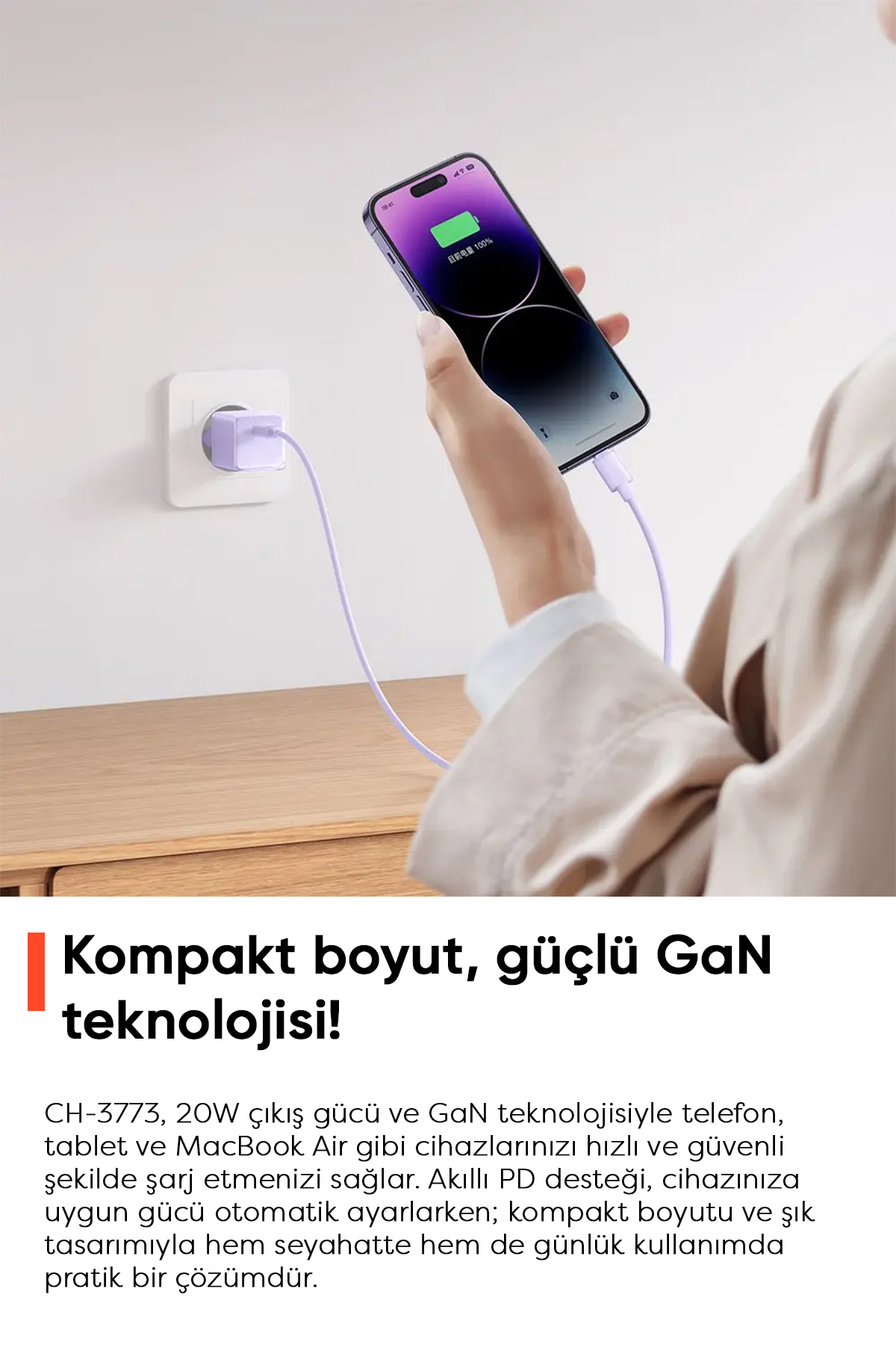 CH-3773 20W PD GaN Type-C Hızlı Şarj Aleti - Lila Afişi