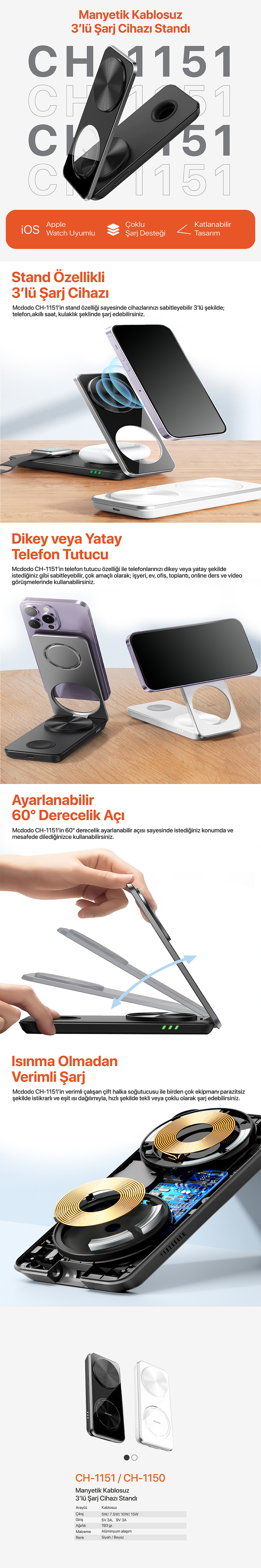 CH-1151 3in1 Katlanabilir Manyetik Kablosuz Şarj Cihazı ve Standı - Siyah Afişi