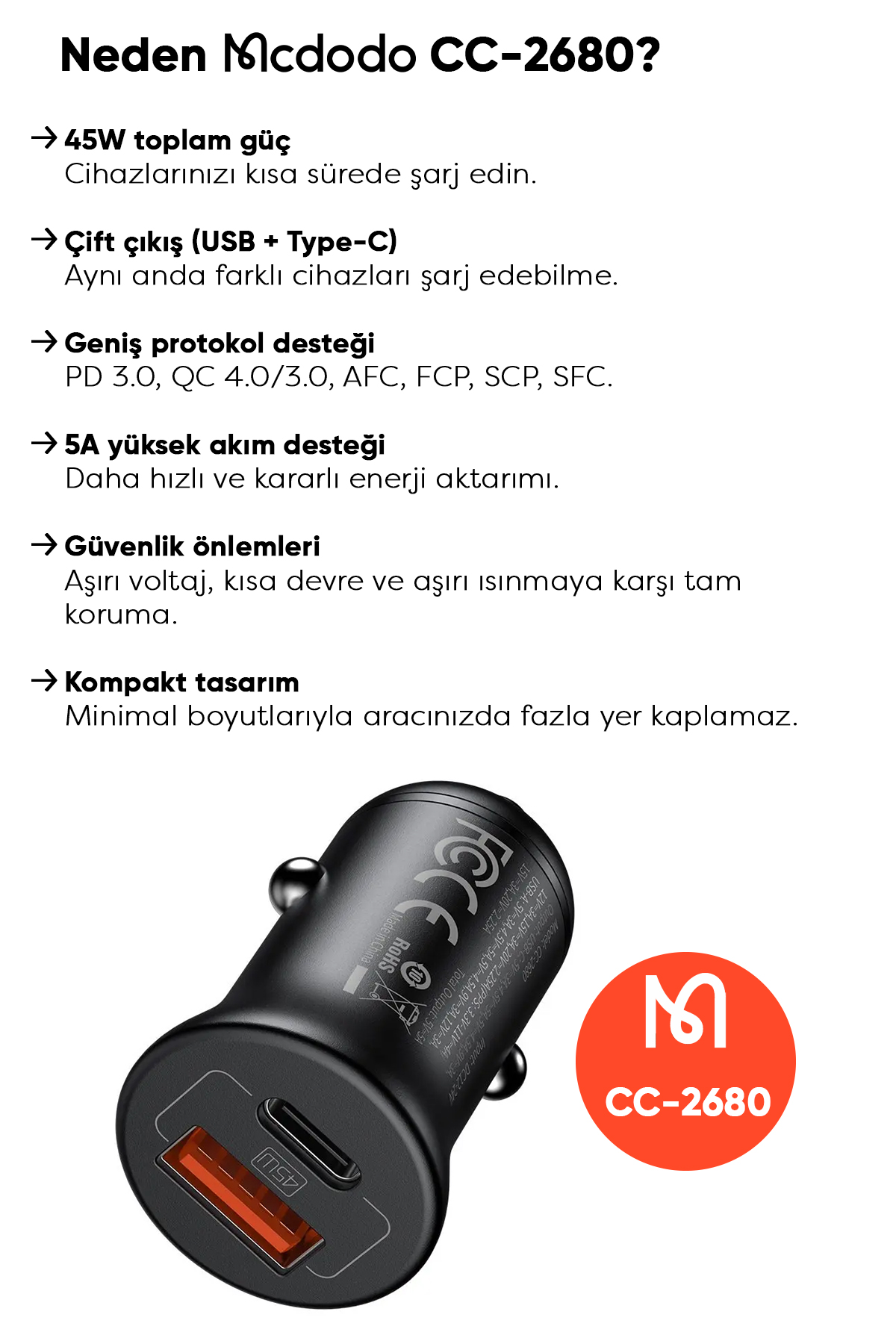 CC-2680 45W PD 1xUSB 1xType‑C  Araç Şarj Cihazı - Siyah Afişi
