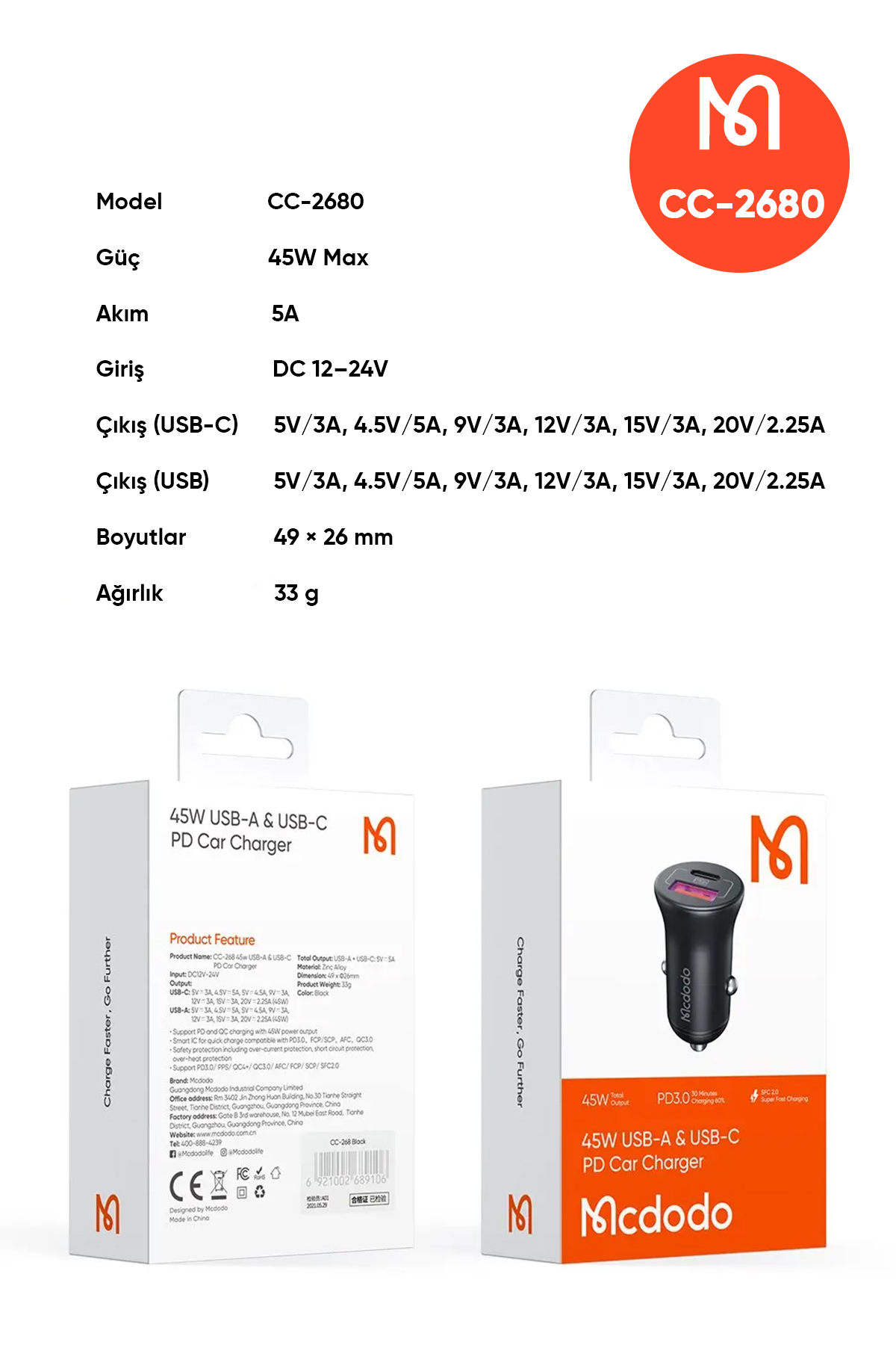 CC-2680 45W PD 1xUSB 1xType‑C  Araç Şarj Cihazı - Siyah Afişi