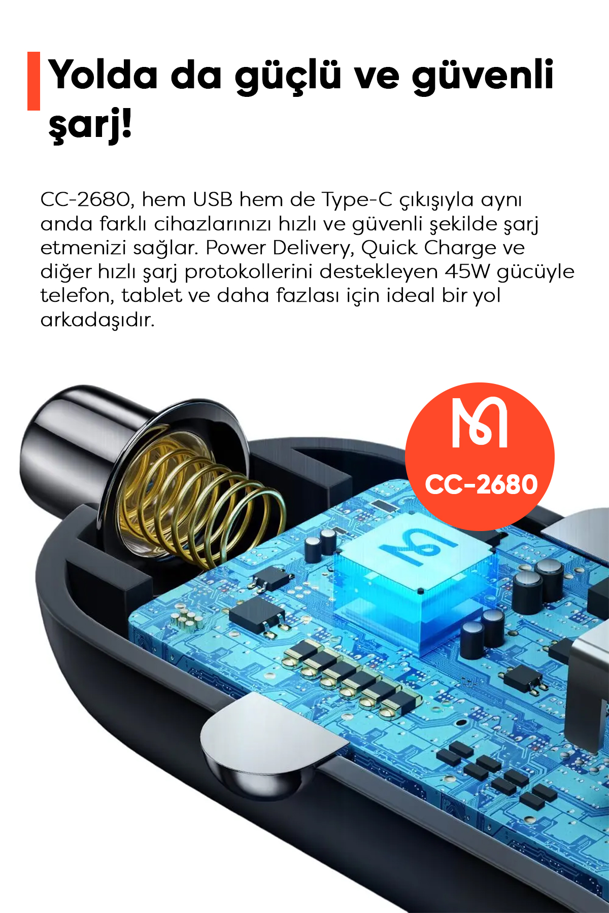 CC-2680 45W PD 1xUSB 1xType‑C  Araç Şarj Cihazı - Siyah Afişi