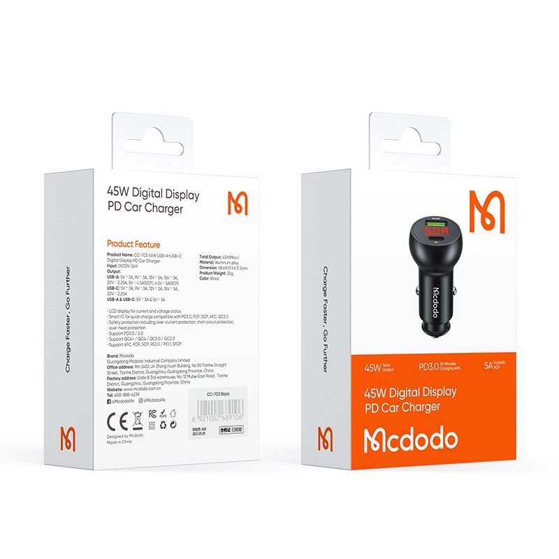MCDODO CC-7030 45W 1xType-C 1xUSB Girişli Dijital Göstergeli Araç Çakmak Şarjı - Siyah