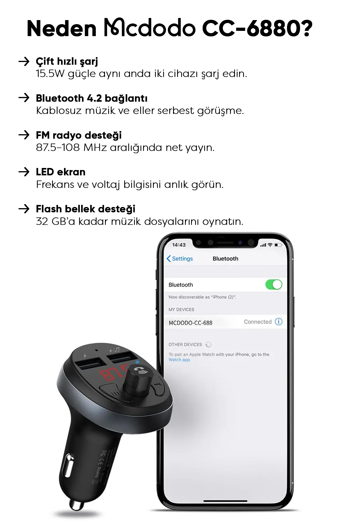 CC-6880 2 USB ÇIKIŞLI BLUETOOTH KULAKLIKLI 3.1A ÇAKMAK ŞARJ CİHAZI - Siyah Afişi