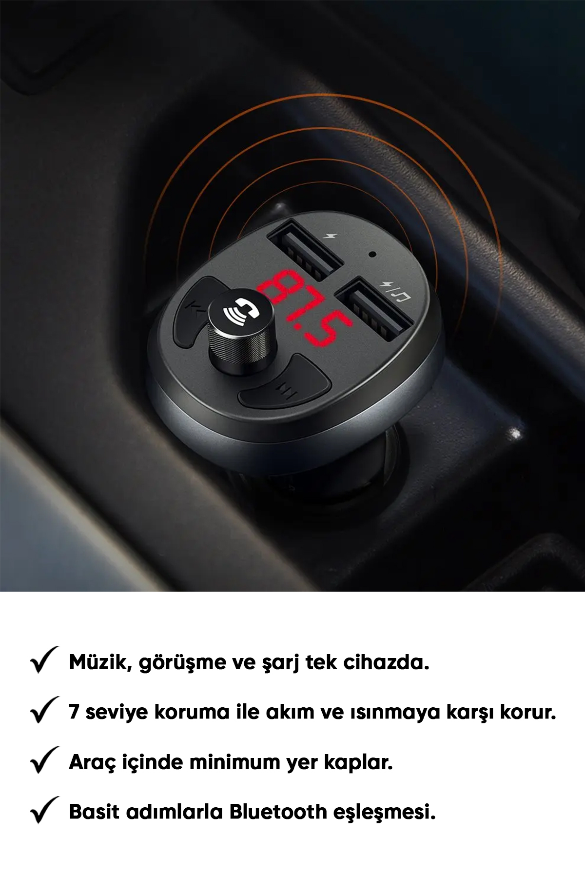 CC-6880 2 USB ÇIKIŞLI BLUETOOTH KULAKLIKLI 3.1A ÇAKMAK ŞARJ CİHAZI - Siyah Afişi