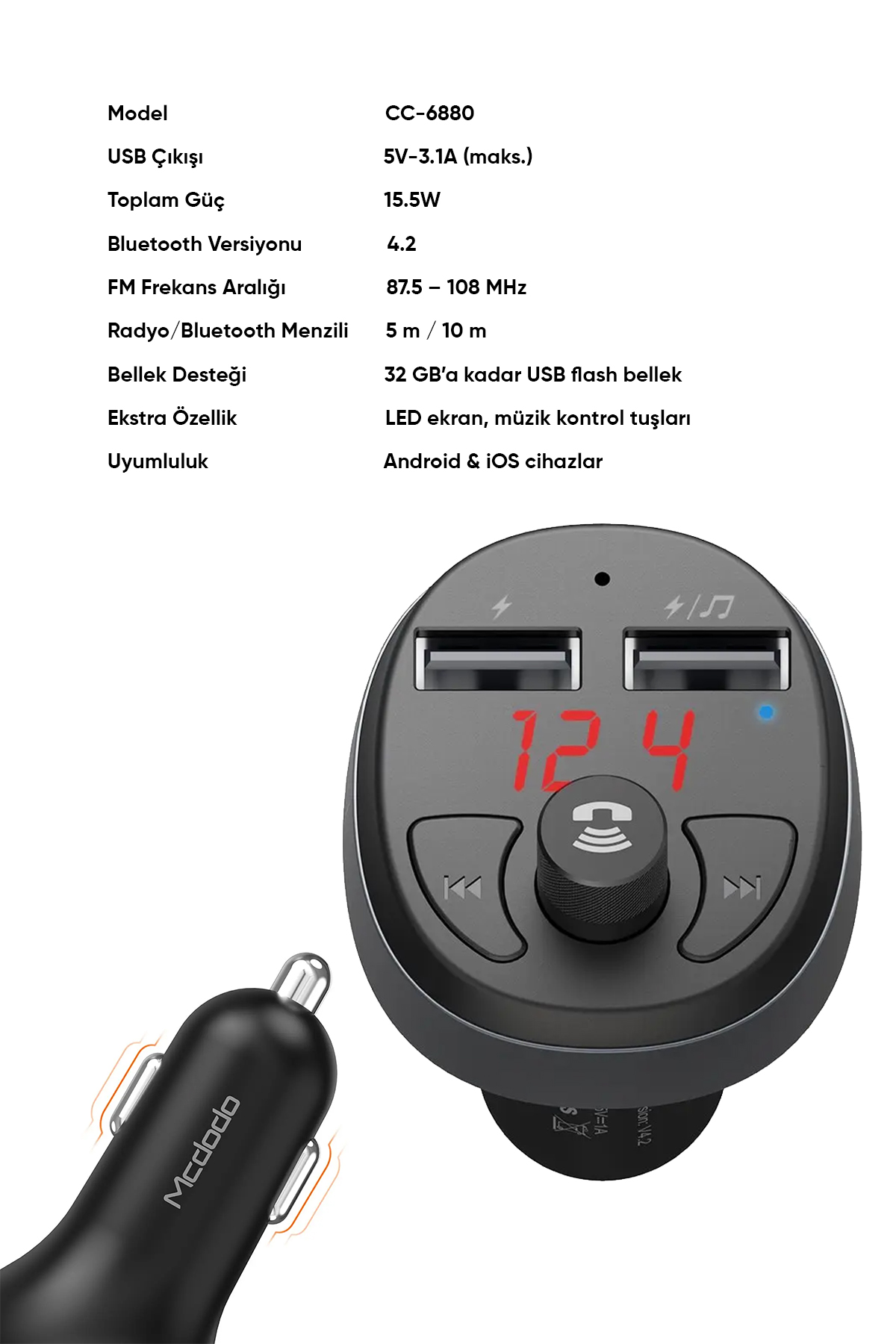 CC-6880 2 USB ÇIKIŞLI BLUETOOTH KULAKLIKLI 3.1A ÇAKMAK ŞARJ CİHAZI - Siyah Afişi