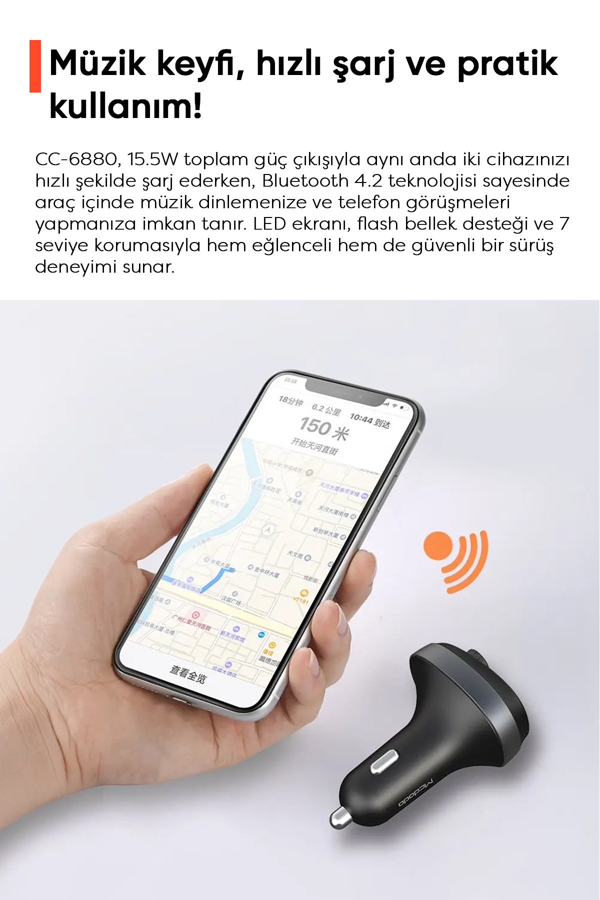 CC-6880 2 USB ÇIKIŞLI BLUETOOTH KULAKLIKLI 3.1A ÇAKMAK ŞARJ CİHAZI - Siyah Afişi