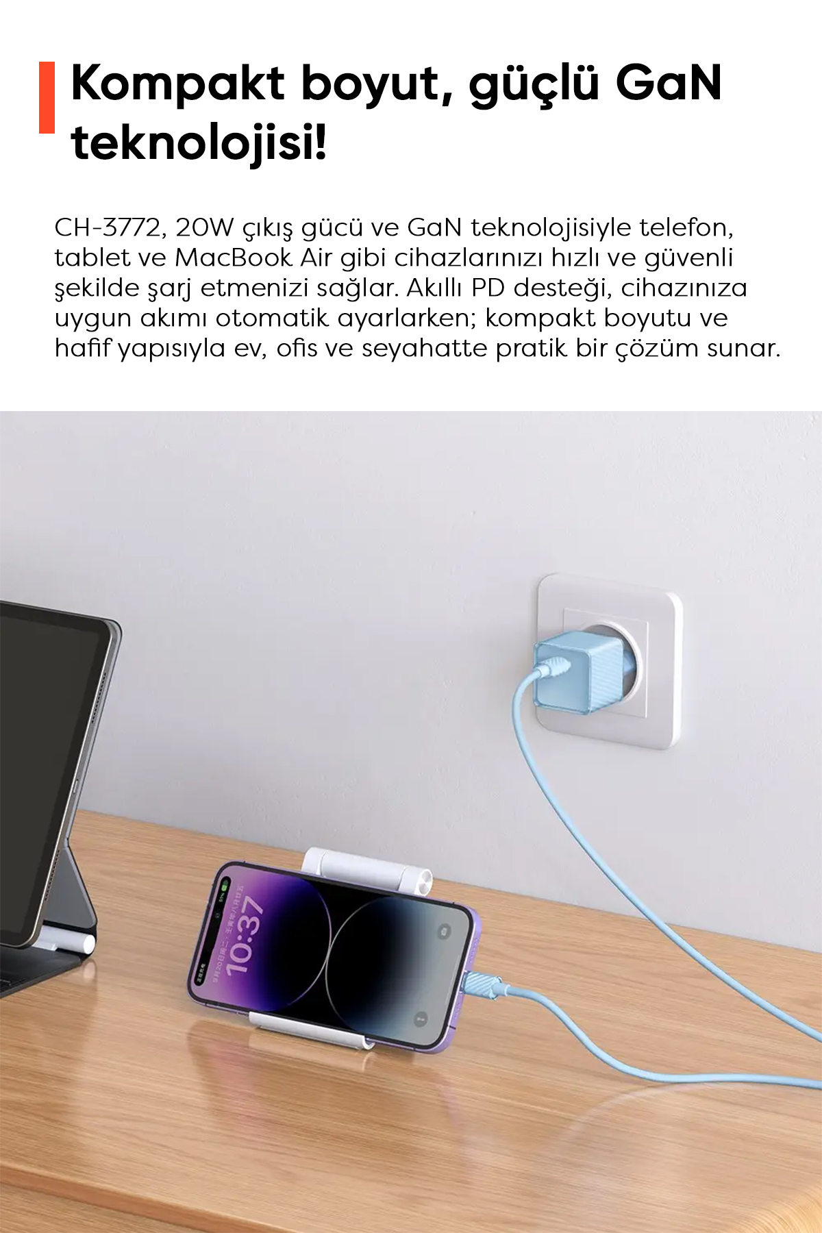 CH-3772 20W PD GaN Type-C Hızlı Şarj Aleti - Mavi Afişi