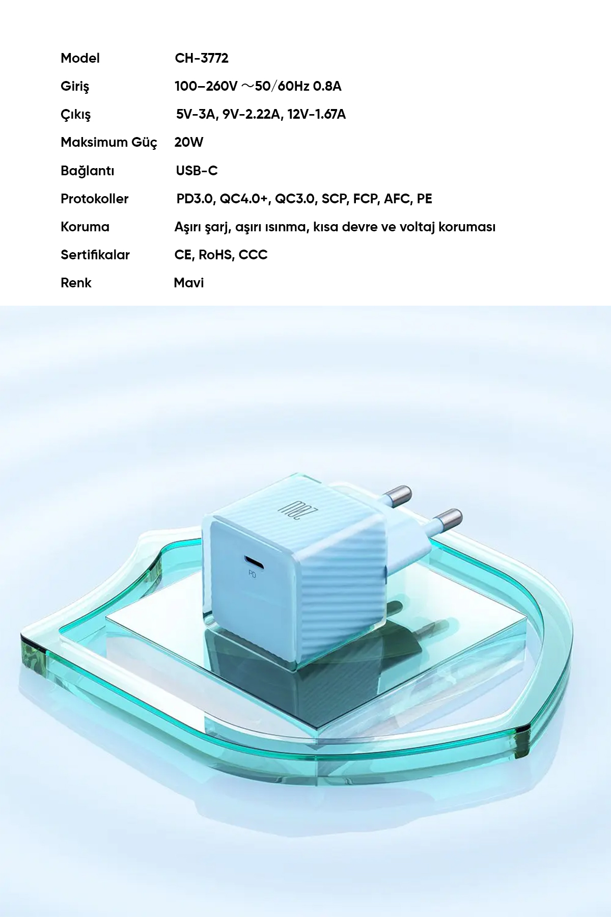 CH-3772 20W PD GaN Type-C Hızlı Şarj Aleti - Mavi Afişi