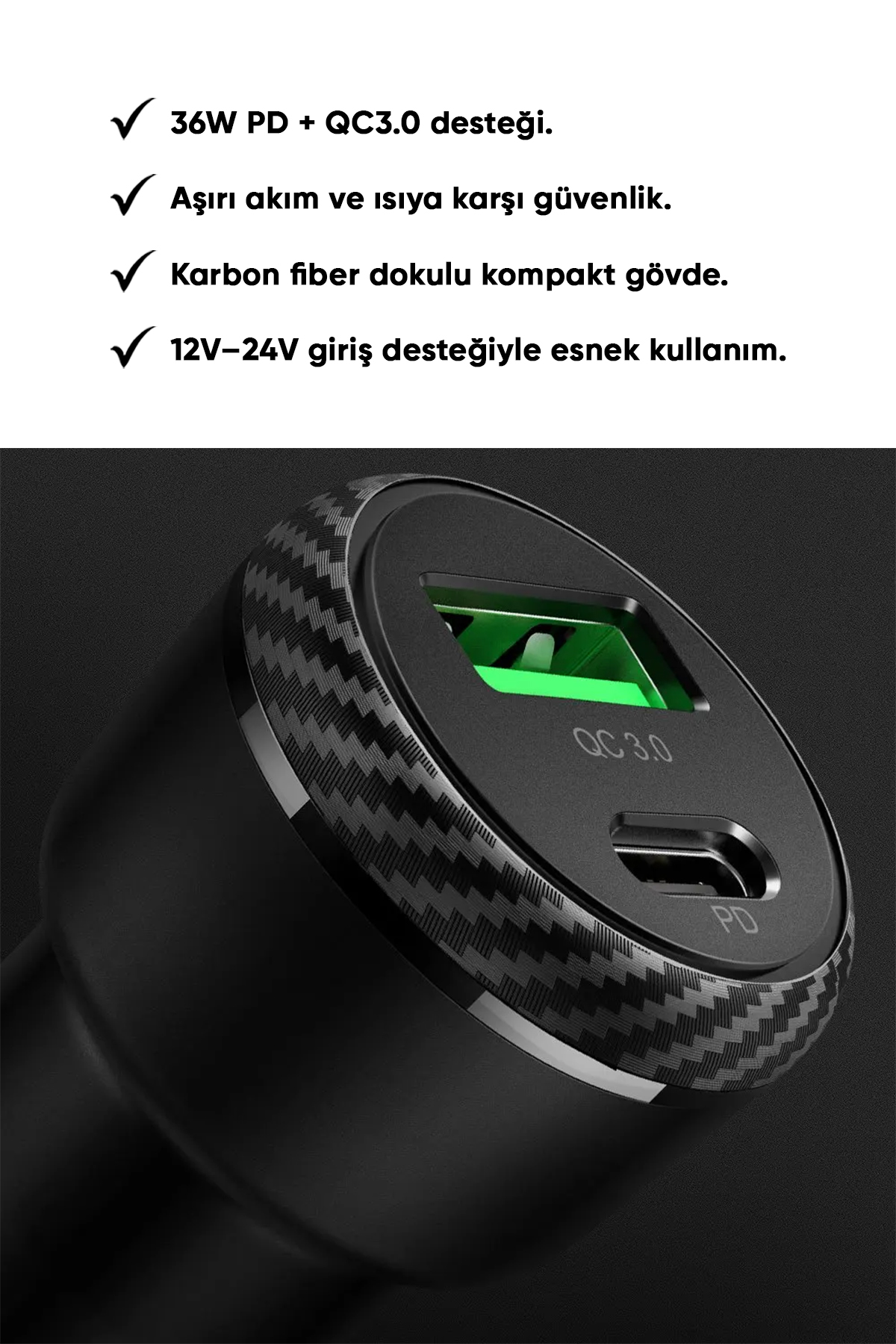 CC-5970 36W PD+QC 3.0 1xType-C 1xUSB Girişli Araç Çakmak Şarj - Siyah Afişi