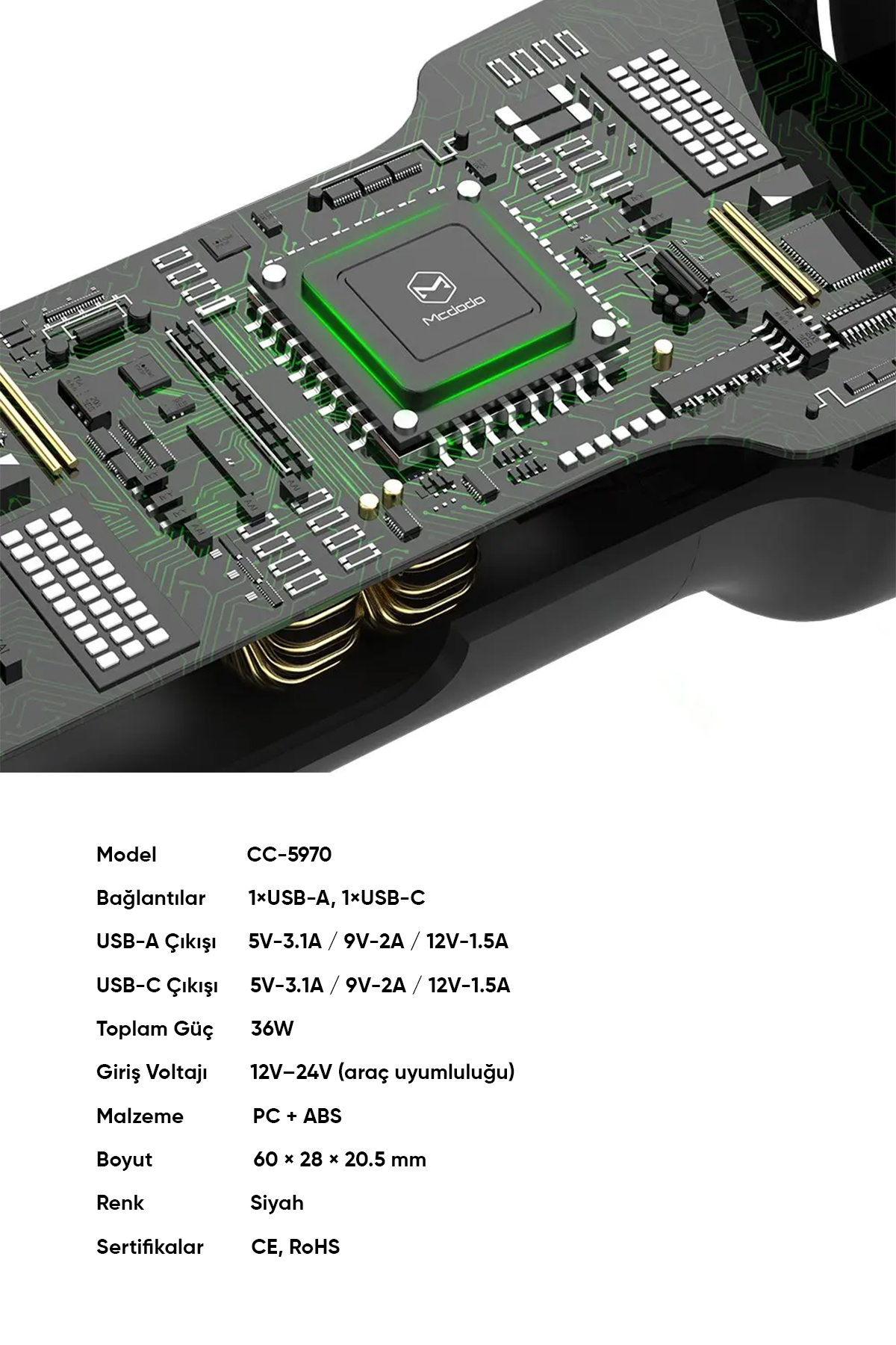 CC-5970 36W PD+QC 3.0 1xType-C 1xUSB Girişli Araç Çakmak Şarj - Siyah Afişi