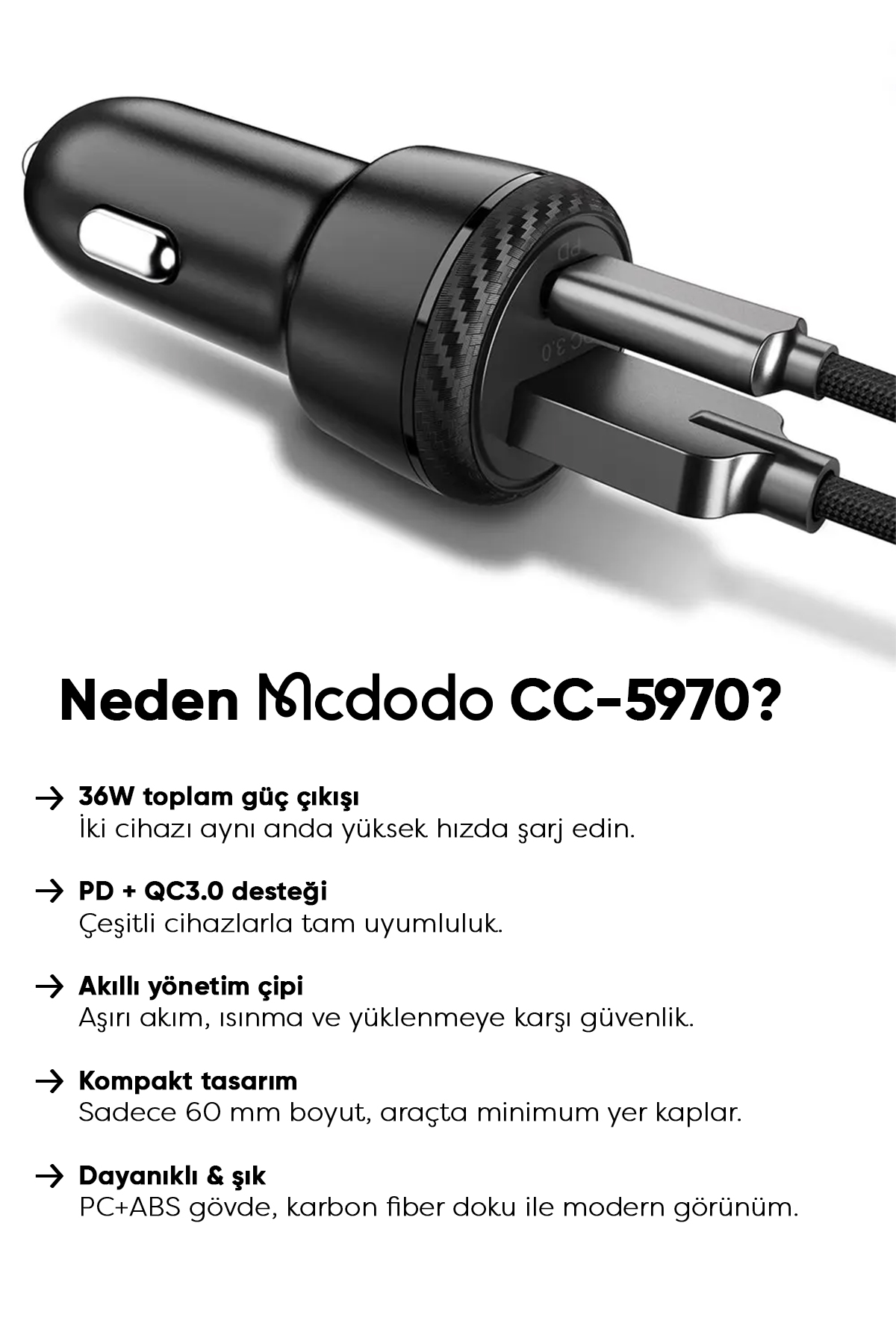 CC-5970 36W PD+QC 3.0 1xType-C 1xUSB Girişli Araç Çakmak Şarj - Siyah Afişi