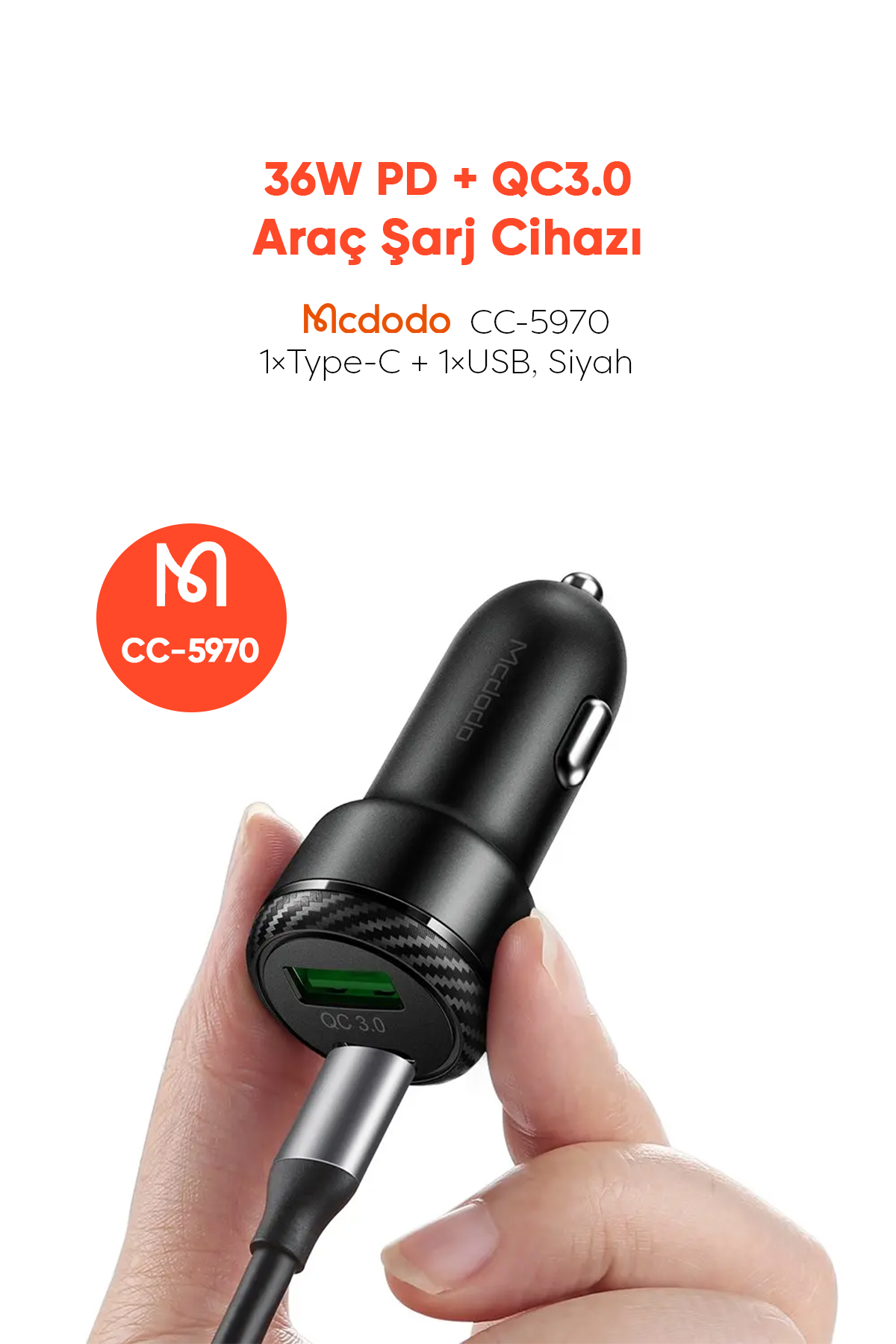 CC-5970 36W PD+QC 3.0 1xType-C 1xUSB Girişli Araç Çakmak Şarj - Siyah Afişi