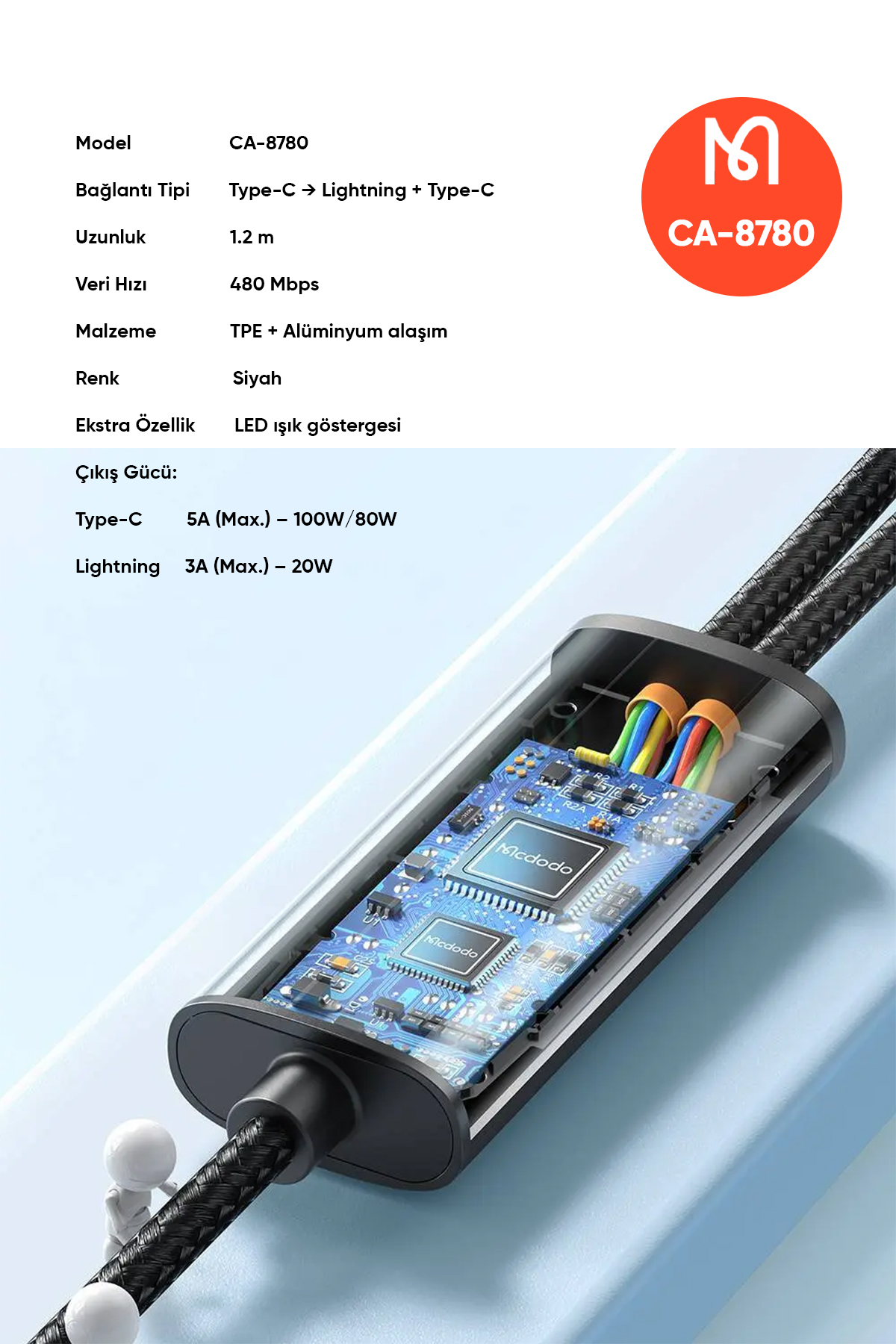 CA-8780 2in1 100W Type-C to Lightning & Type-C Data-Şarj Kablosu Afişi