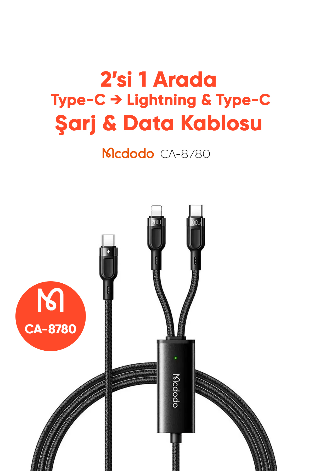 CA-8780 2in1 100W Type-C to Lightning & Type-C Data-Şarj Kablosu Afişi