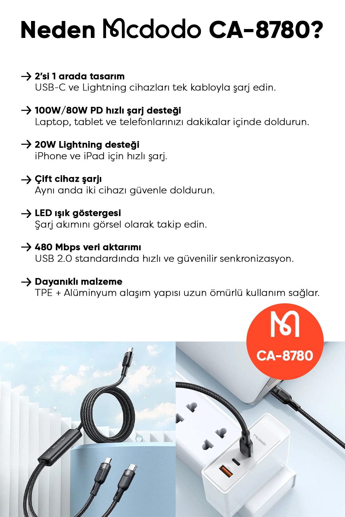 CA-8780 2in1 100W Type-C to Lightning & Type-C Data-Şarj Kablosu Afişi