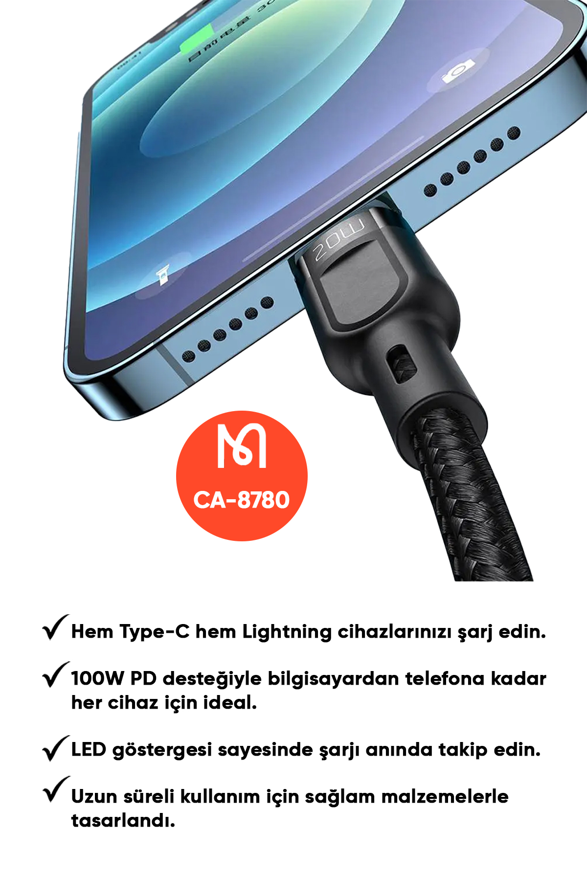 CA-8780 2in1 100W Type-C to Lightning & Type-C Data-Şarj Kablosu Afişi