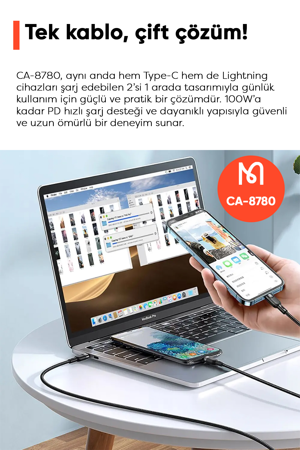 CA-8780 2in1 100W Type-C to Lightning & Type-C Data-Şarj Kablosu Afişi