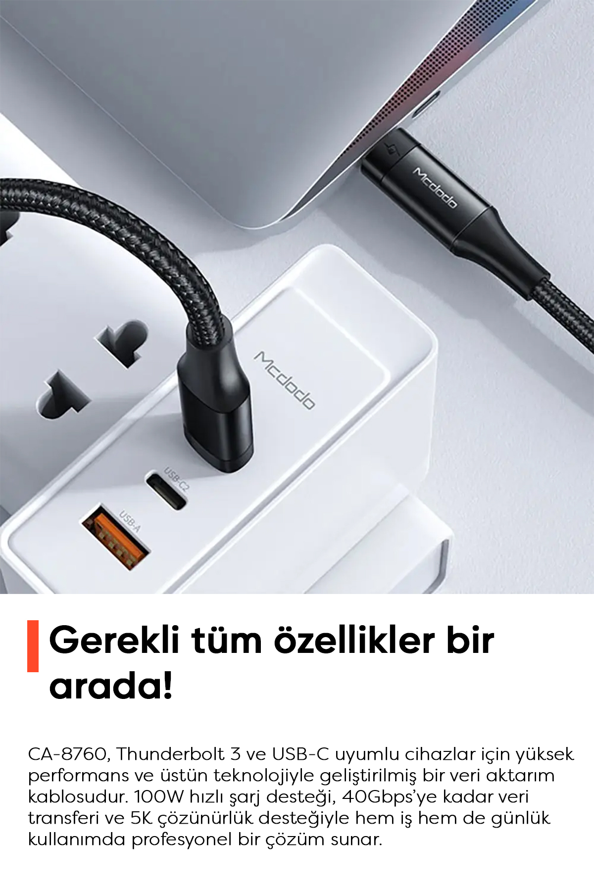 CA-8760 Thunderbolt 3 İntel 100W Type-C To Type-C Yüksek Hızlı Veri Aktarım Kablosu - Siyah Afişi