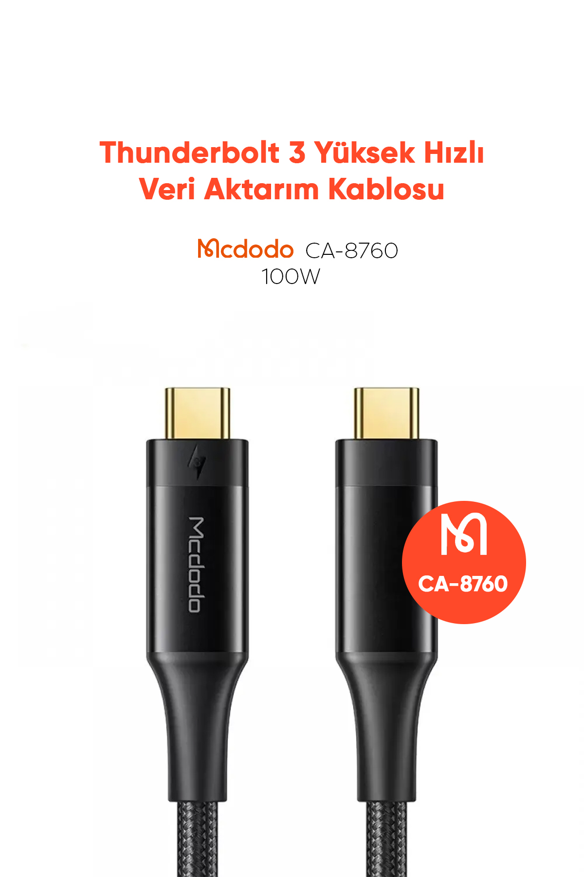 CA-8760 Thunderbolt 3 İntel 100W Type-C To Type-C Yüksek Hızlı Veri Aktarım Kablosu - Siyah Afişi