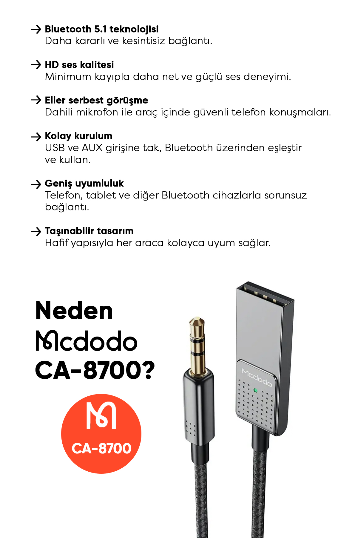 CA-8700 BLUETOOTH ALICISI AUX KABLOSUZ ARAÇ KİTİ -Gri Afişi