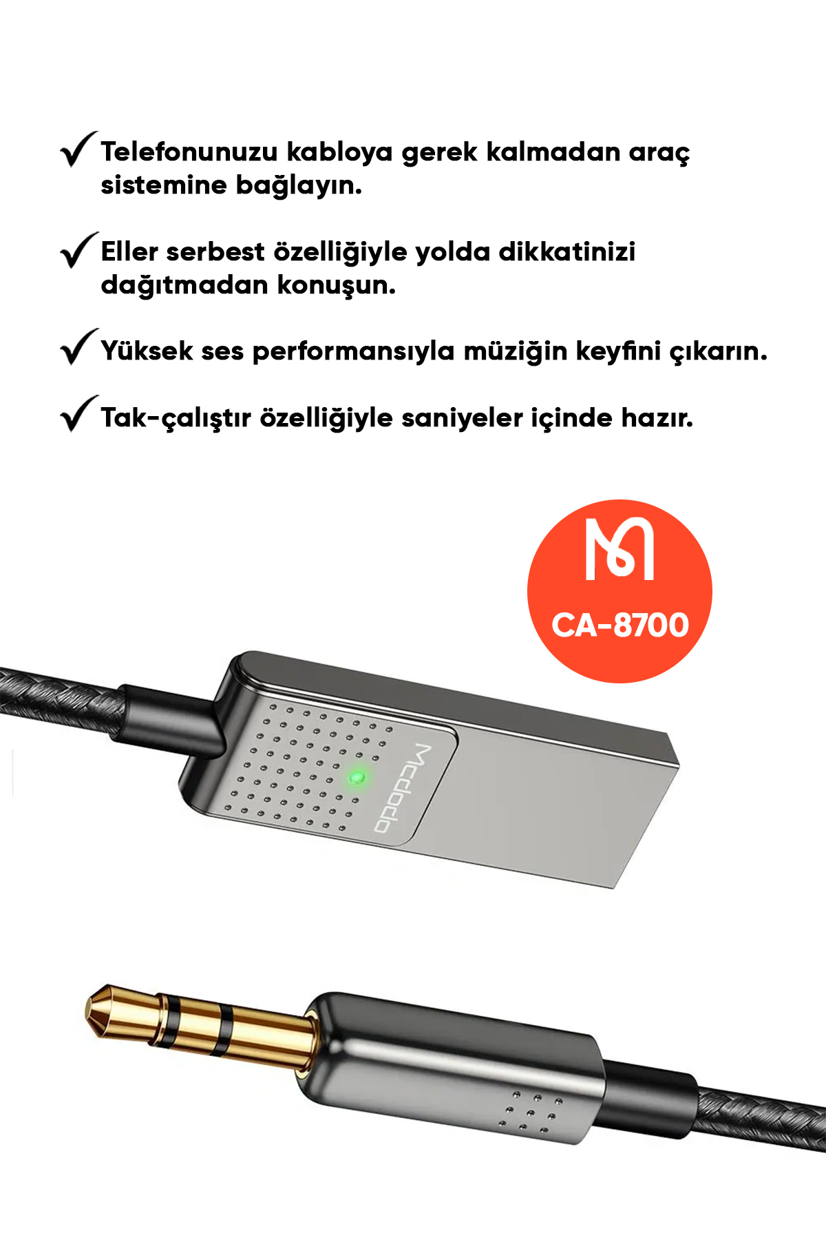 CA-8700 BLUETOOTH ALICISI AUX KABLOSUZ ARAÇ KİTİ -Gri Afişi