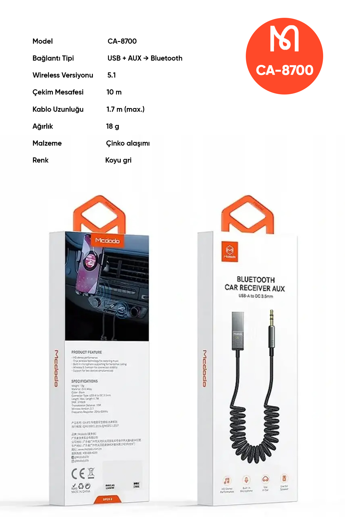 CA-8700 BLUETOOTH ALICISI AUX KABLOSUZ ARAÇ KİTİ -Gri Afişi