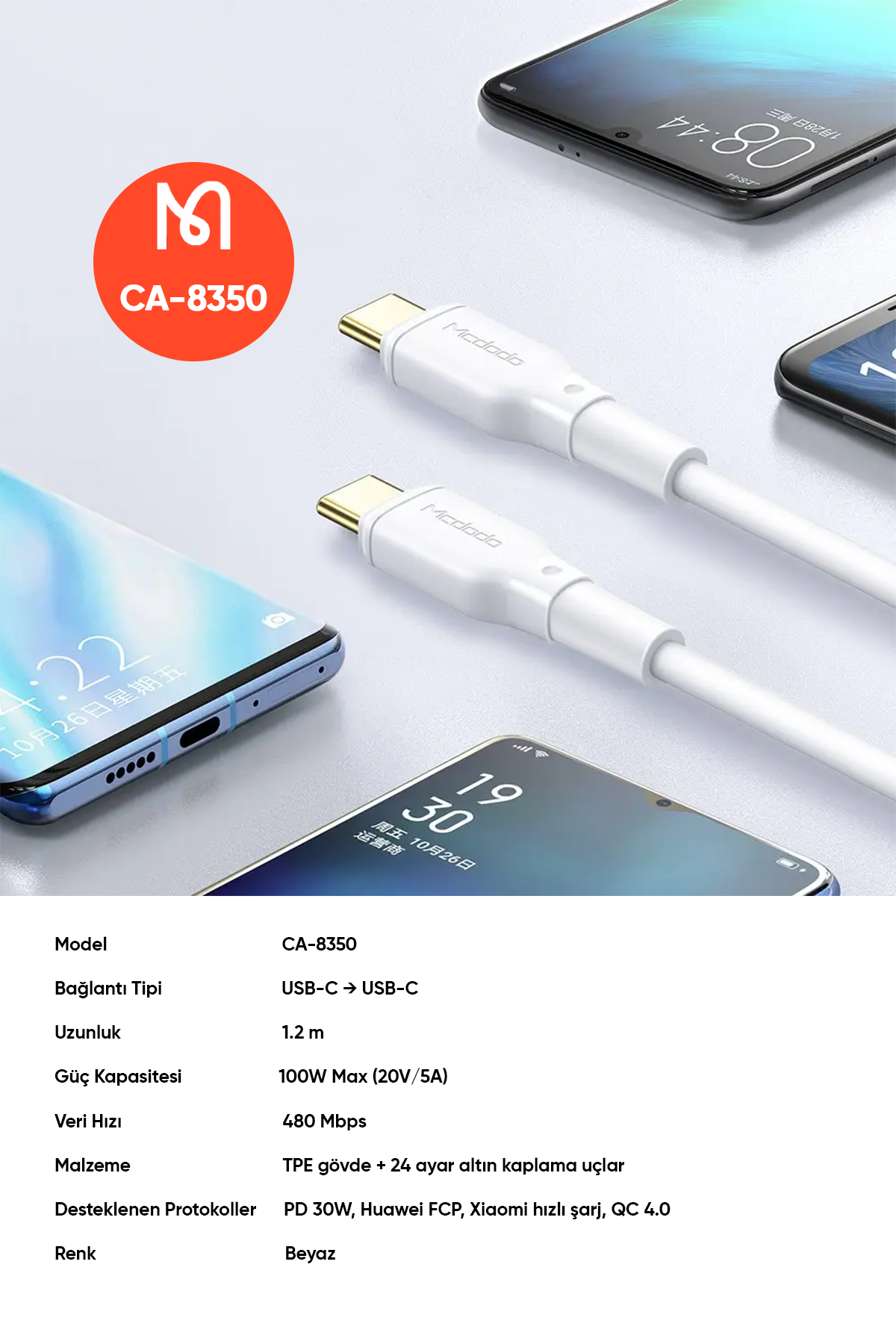 CA-8350 100W Type-C to Type-C Süper Hızlı Data-Şarj Kablosu 5A 1.2m-Beyaz Afişi