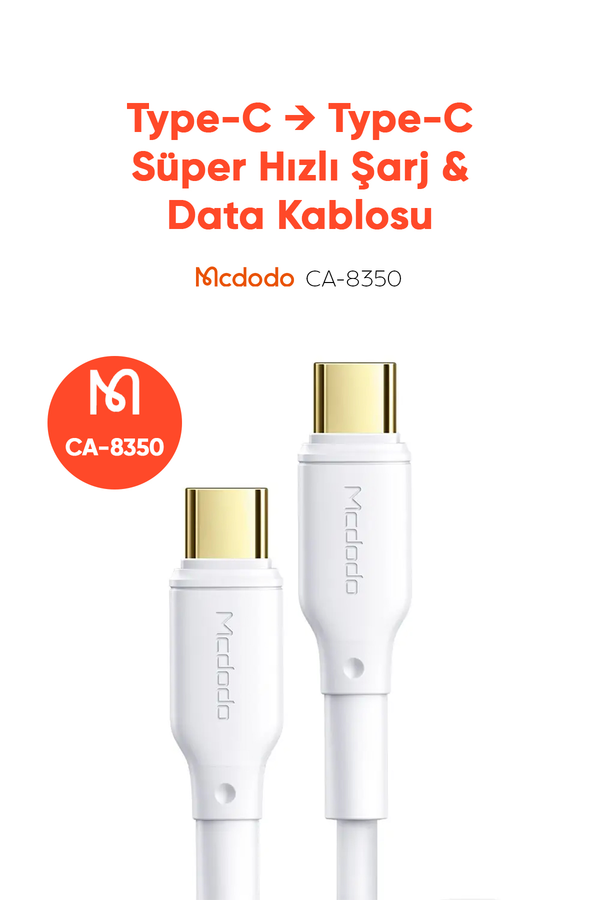 CA-8350 100W Type-C to Type-C Süper Hızlı Data-Şarj Kablosu 5A 1.2m-Beyaz Afişi