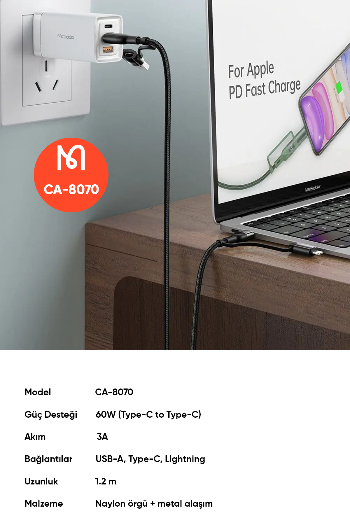 CA-8070 60W 4 in 1 Hızlı Data-Şarj Kablosu 3A 1.2m - Siyah Afişi