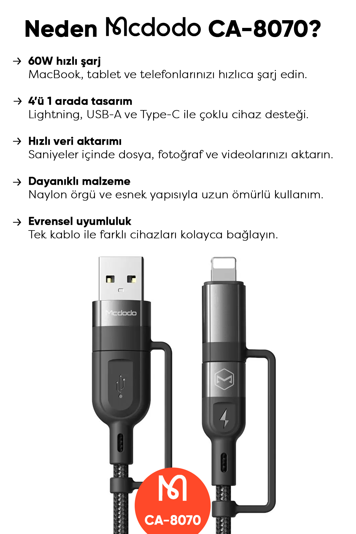 CA-8070 60W 4 in 1 Hızlı Data-Şarj Kablosu 3A 1.2m - Siyah Afişi
