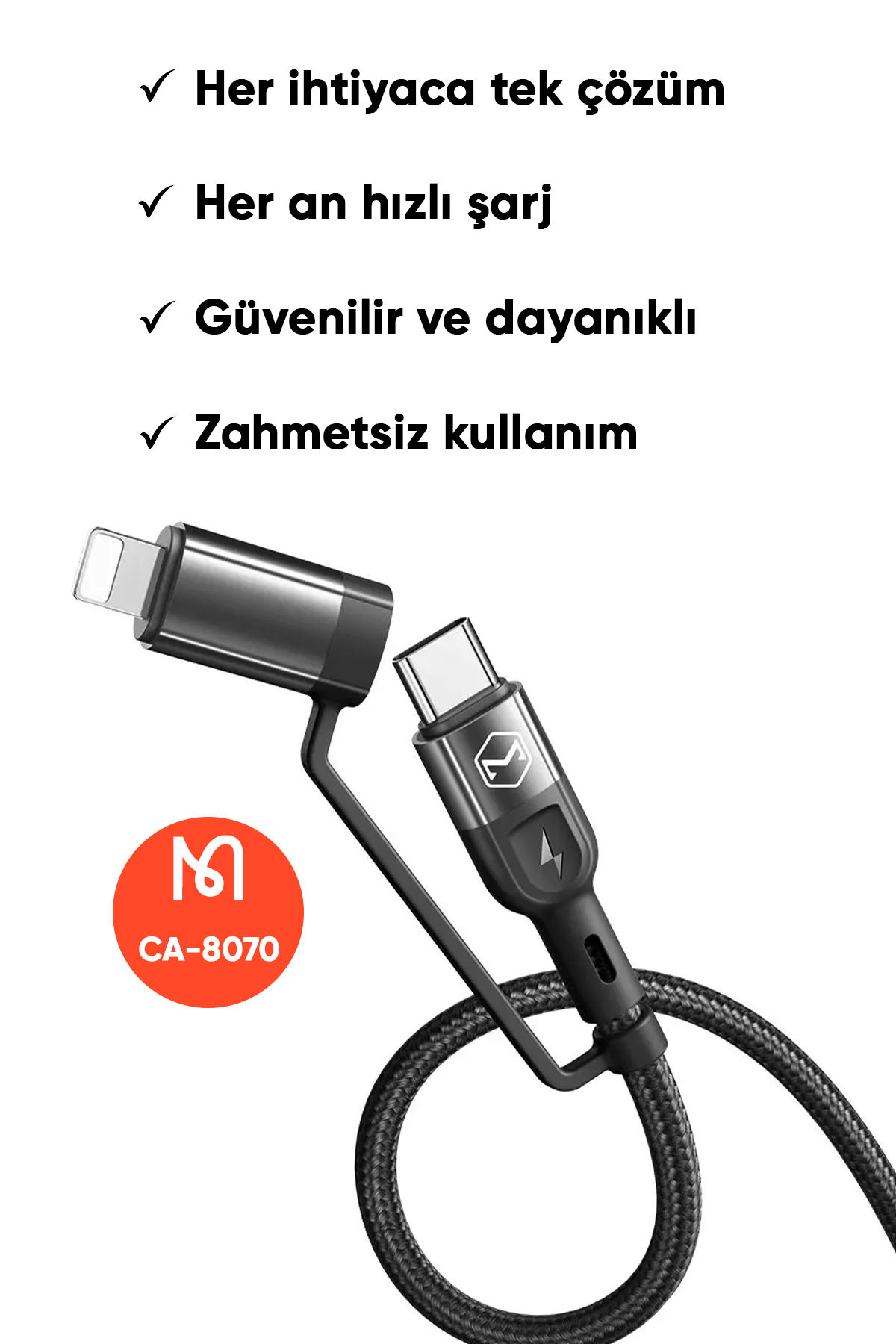 CA-8070 60W 4 in 1 Hızlı Data-Şarj Kablosu 3A 1.2m - Siyah Afişi