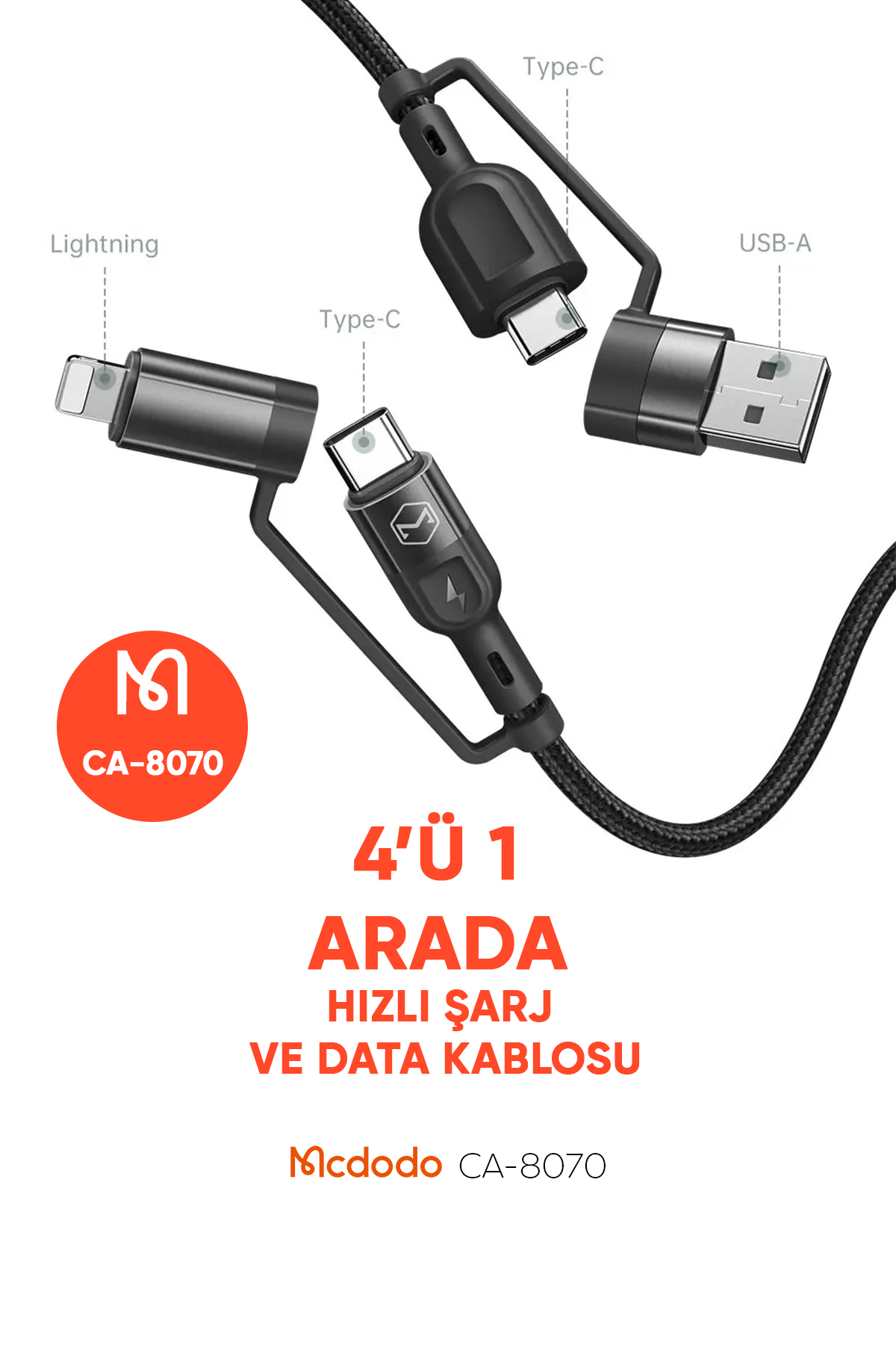 CA-8070 60W 4 in 1 Hızlı Data-Şarj Kablosu 3A 1.2m - Siyah Afişi