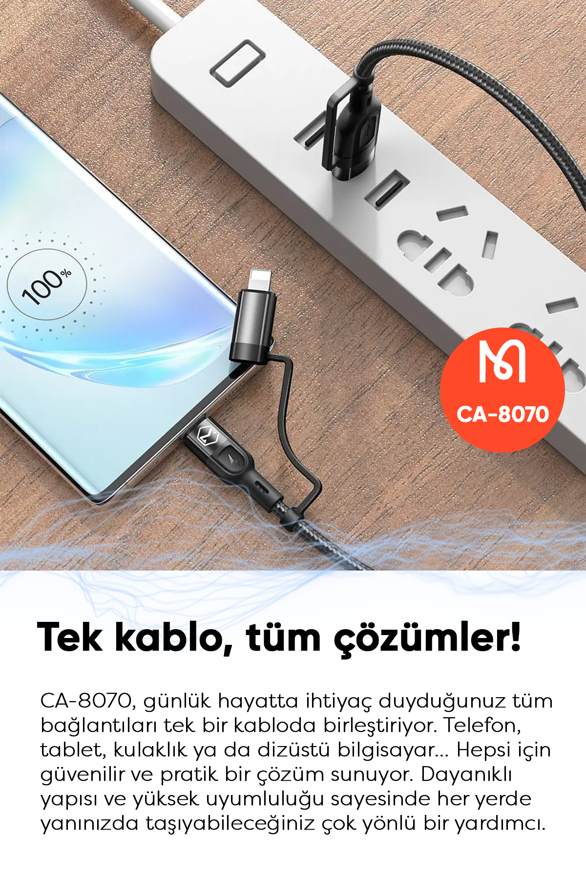 CA-8070 60W 4 in 1 Hızlı Data-Şarj Kablosu 3A 1.2m - Siyah Afişi