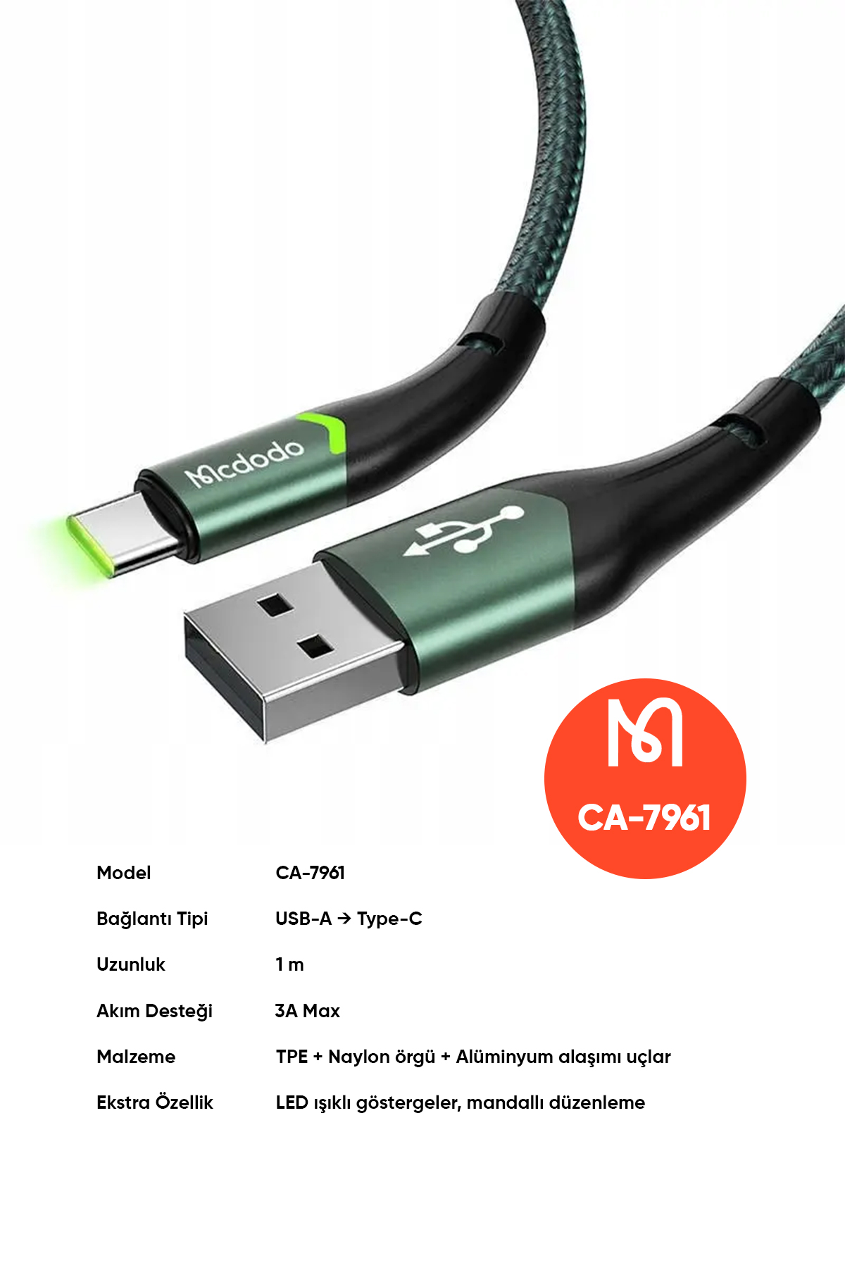 CA-7961 Type-C Led Işıklı Data Şarj Kablosu 3A 1m - Yeşil Afişi