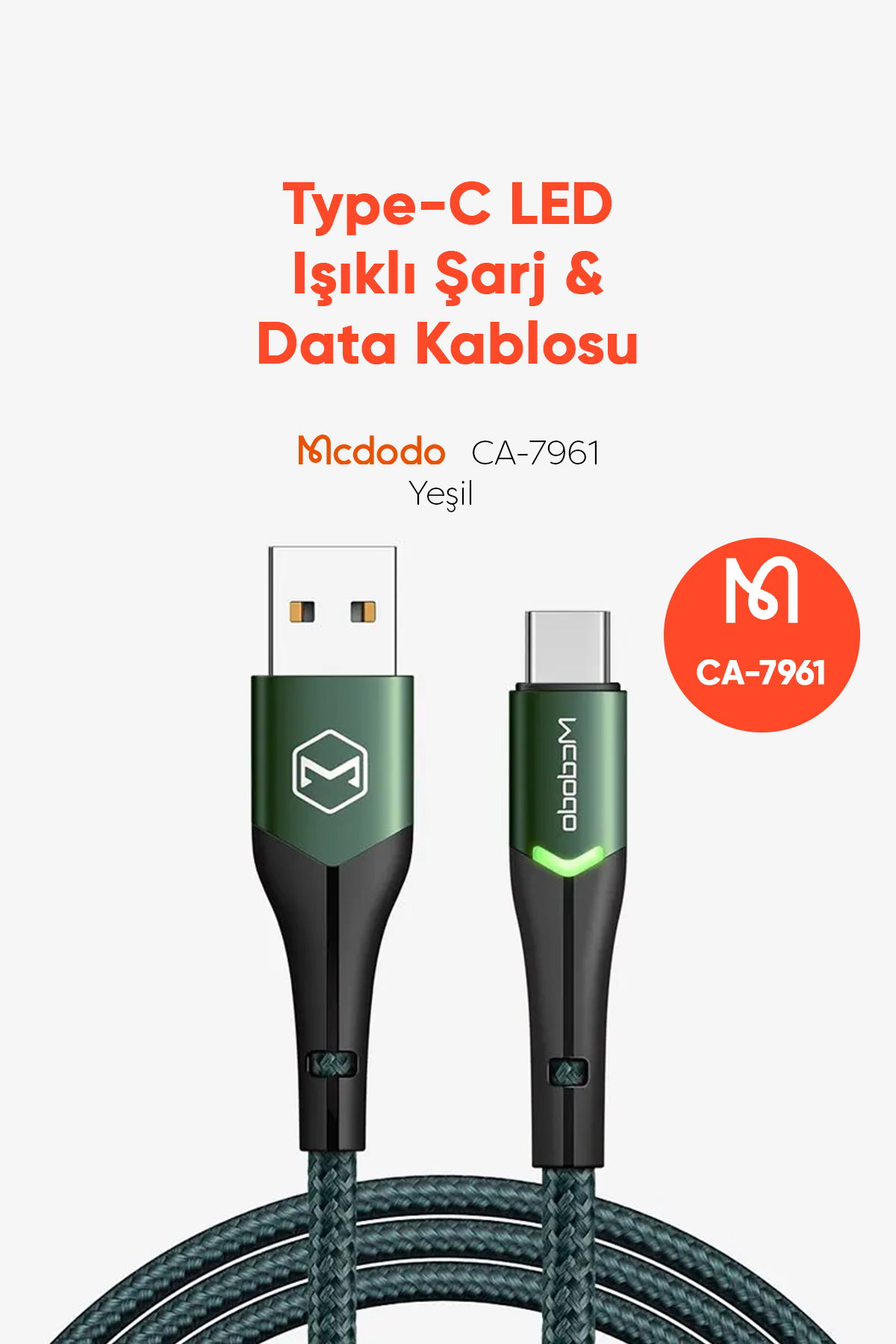 CA-7961 Type-C Led Işıklı Data Şarj Kablosu 3A 1m - Yeşil Afişi