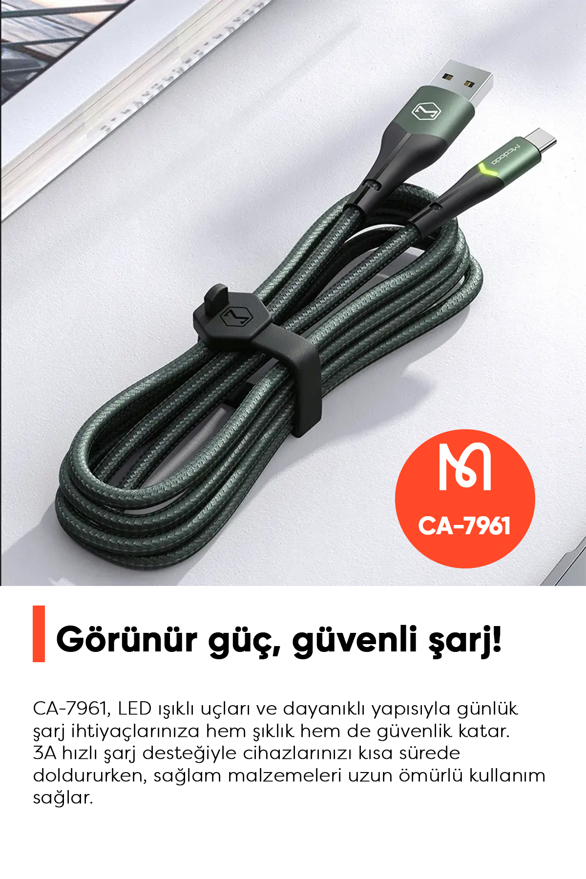 CA-7961 Type-C Led Işıklı Data Şarj Kablosu 3A 1m - Yeşil Afişi