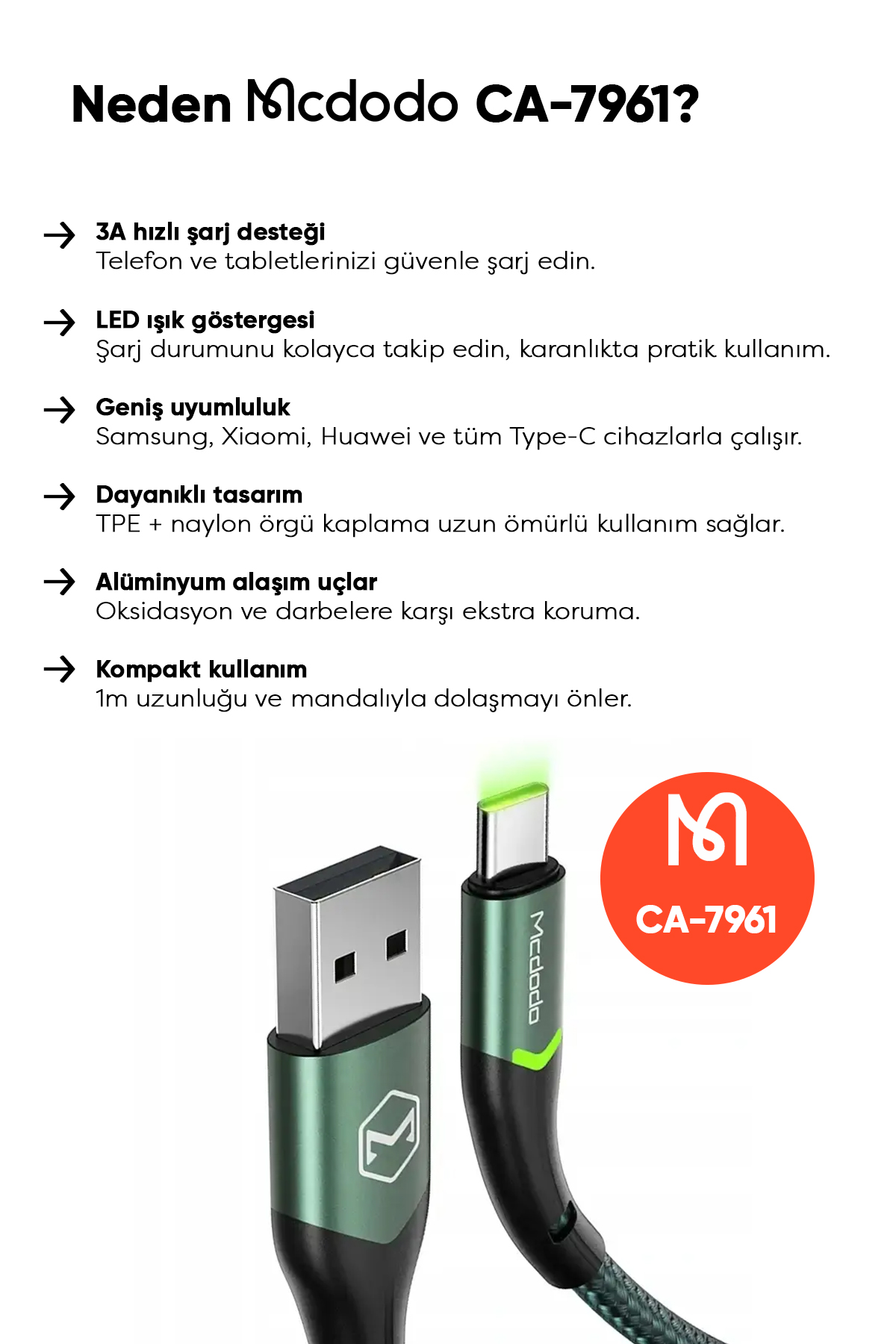 CA-7961 Type-C Led Işıklı Data Şarj Kablosu 3A 1m - Yeşil Afişi