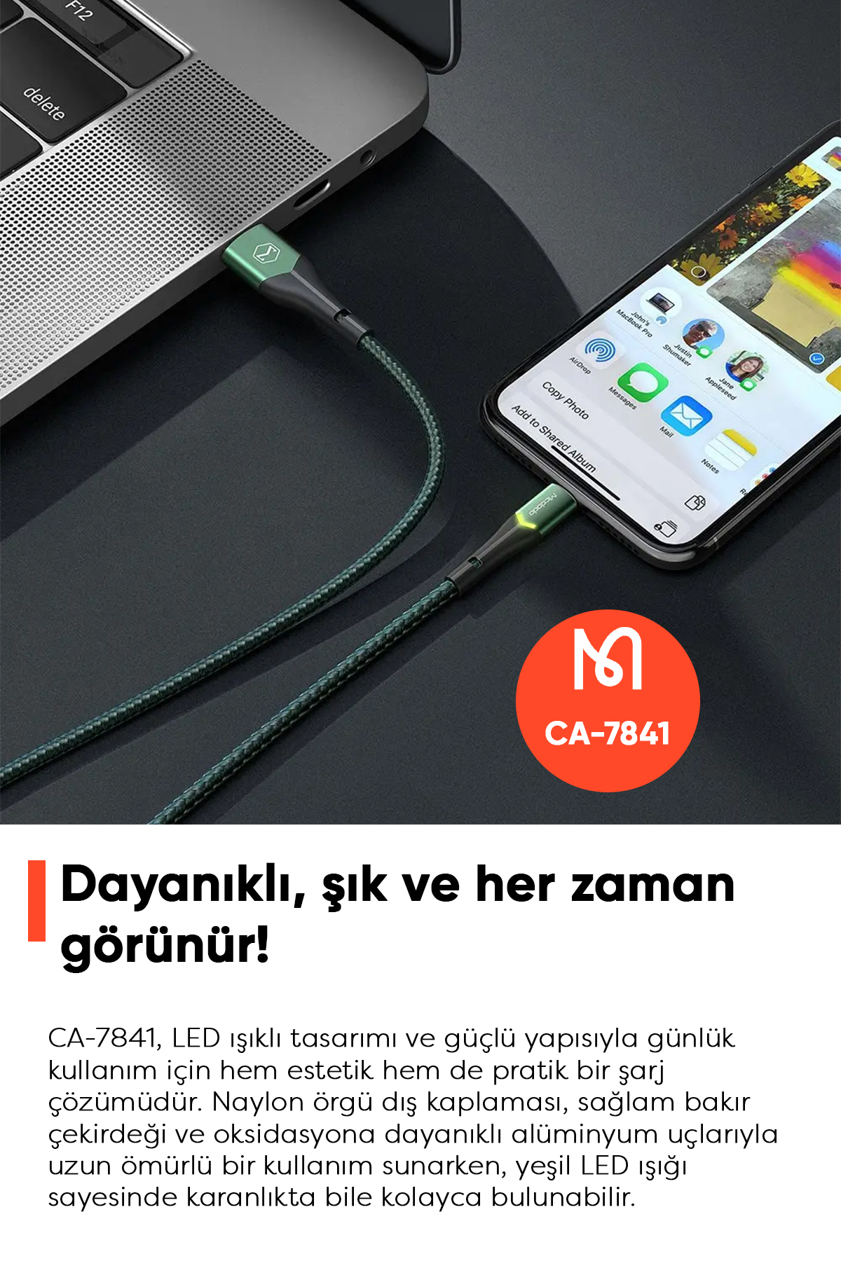 CA-7841 Çift Led Işıklı Usb-A To Lightning Şarj Kablosu 2A 1.2m - Yeşil Afişi
