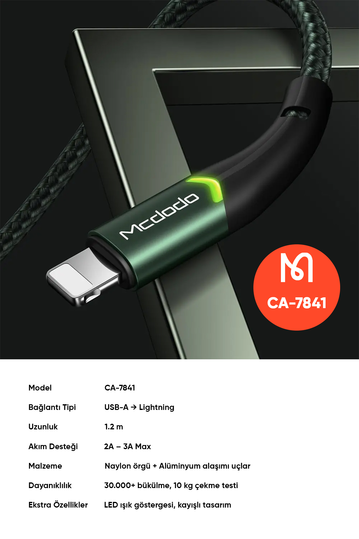 CA-7841 Çift Led Işıklı Usb-A To Lightning Şarj Kablosu 2A 1.2m - Yeşil Afişi